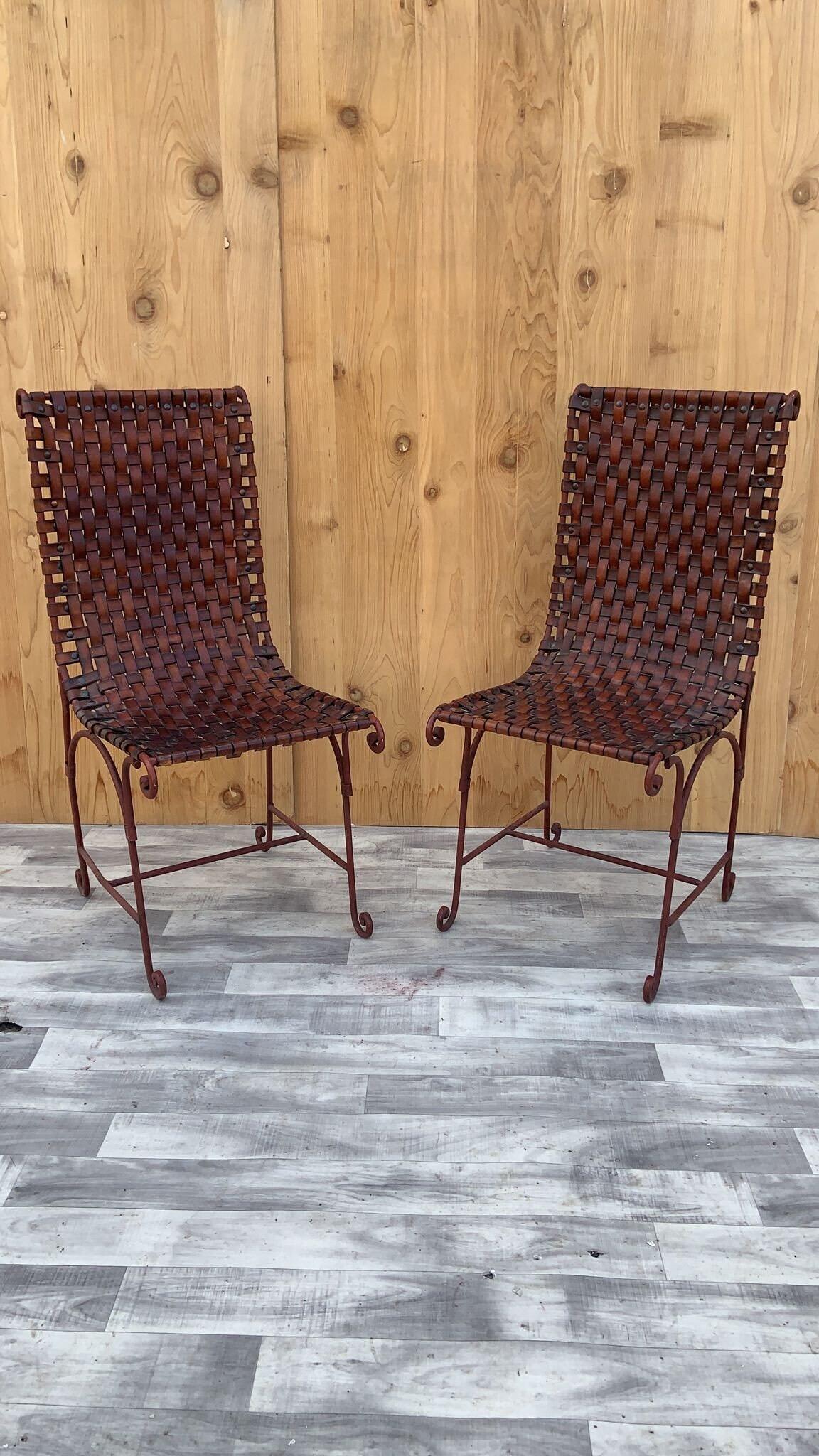 Vintage Italian Hand Forged Wrought Iron Woven Leather Side Chairs, Pair 4