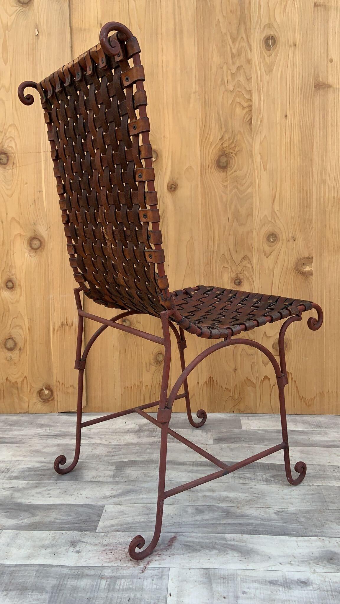 Hand-Crafted Vintage Italian Hand Forged Wrought Iron Woven Leather Side Chairs, Pair
