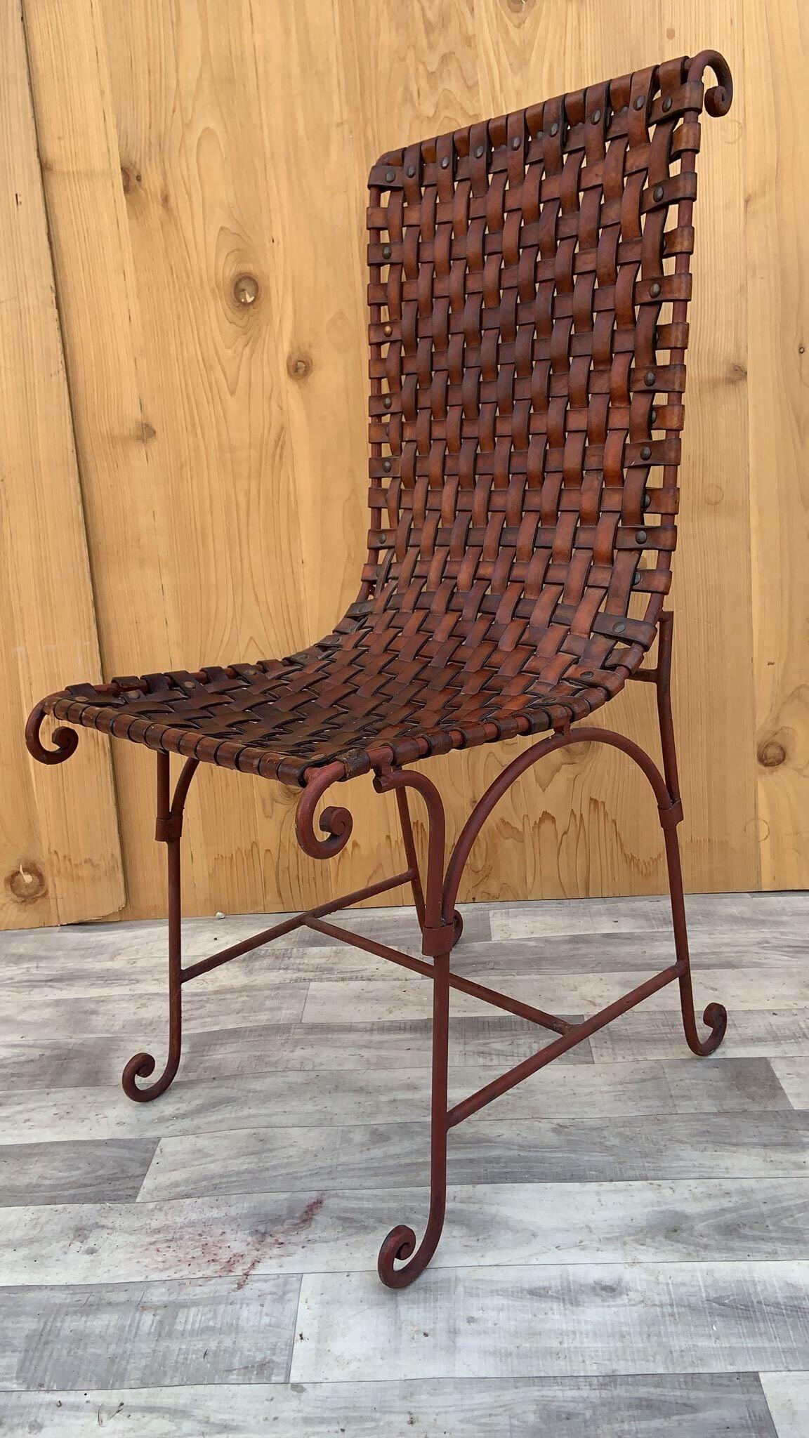 Vintage Italian Hand Forged Wrought Iron Woven Leather Side Chairs, Pair In Good Condition In Chicago, IL