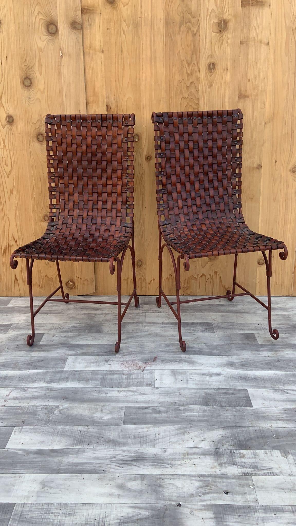 Vintage Italian Hand Forged Wrought Iron Woven Leather Side Chairs, Pair 1