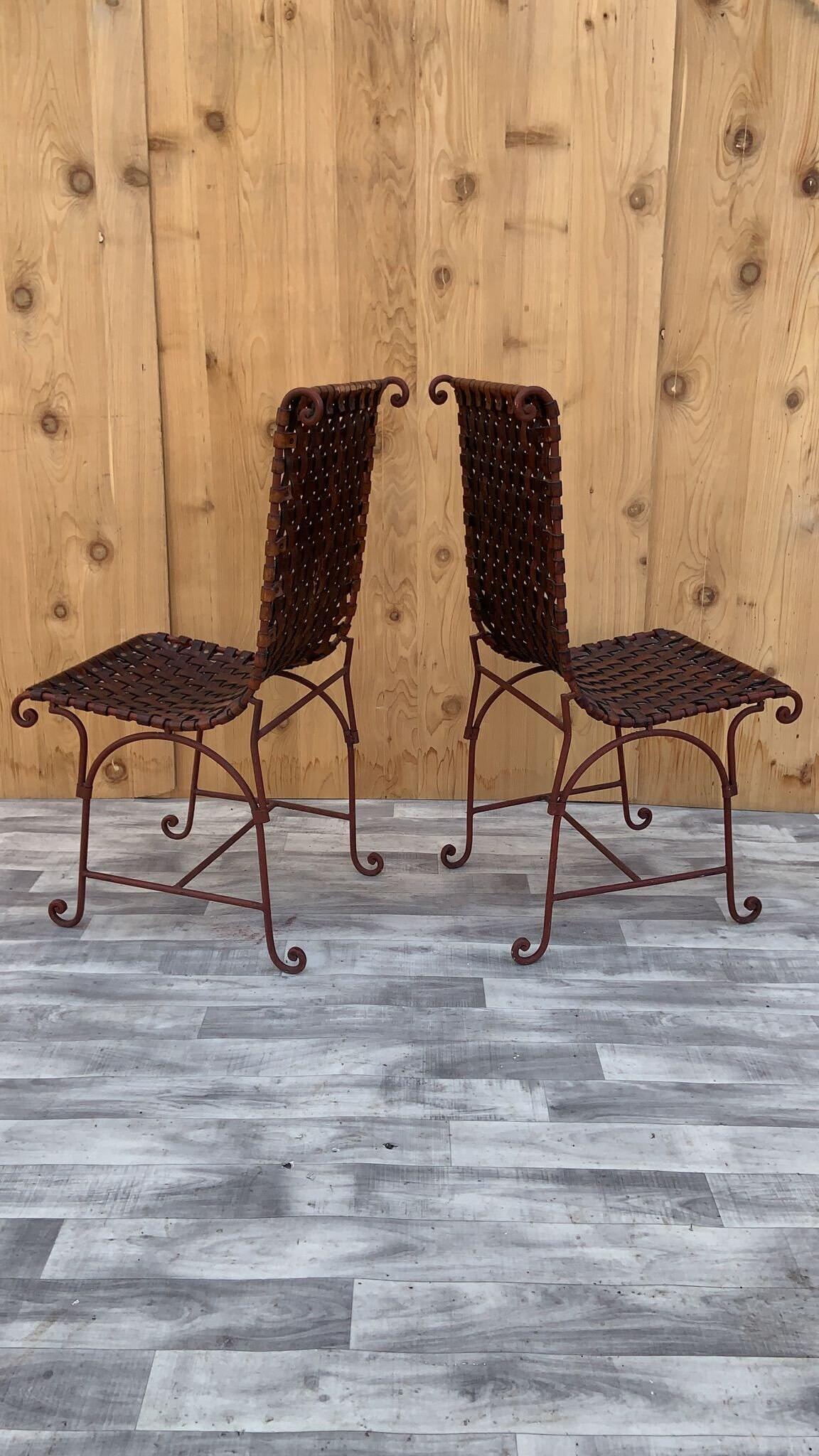 Vintage Italian Hand Forged Wrought Iron Woven Leather Side Chairs, Pair 2