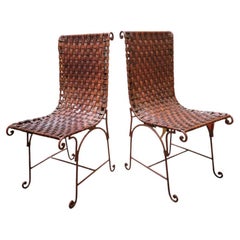 Vintage Italian Hand Forged Wrought Iron Woven Leather Side Chairs, Pair