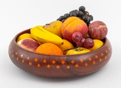 Vintage Italian Hand Painted Alabaster Stone Fruit & Wood Bowl