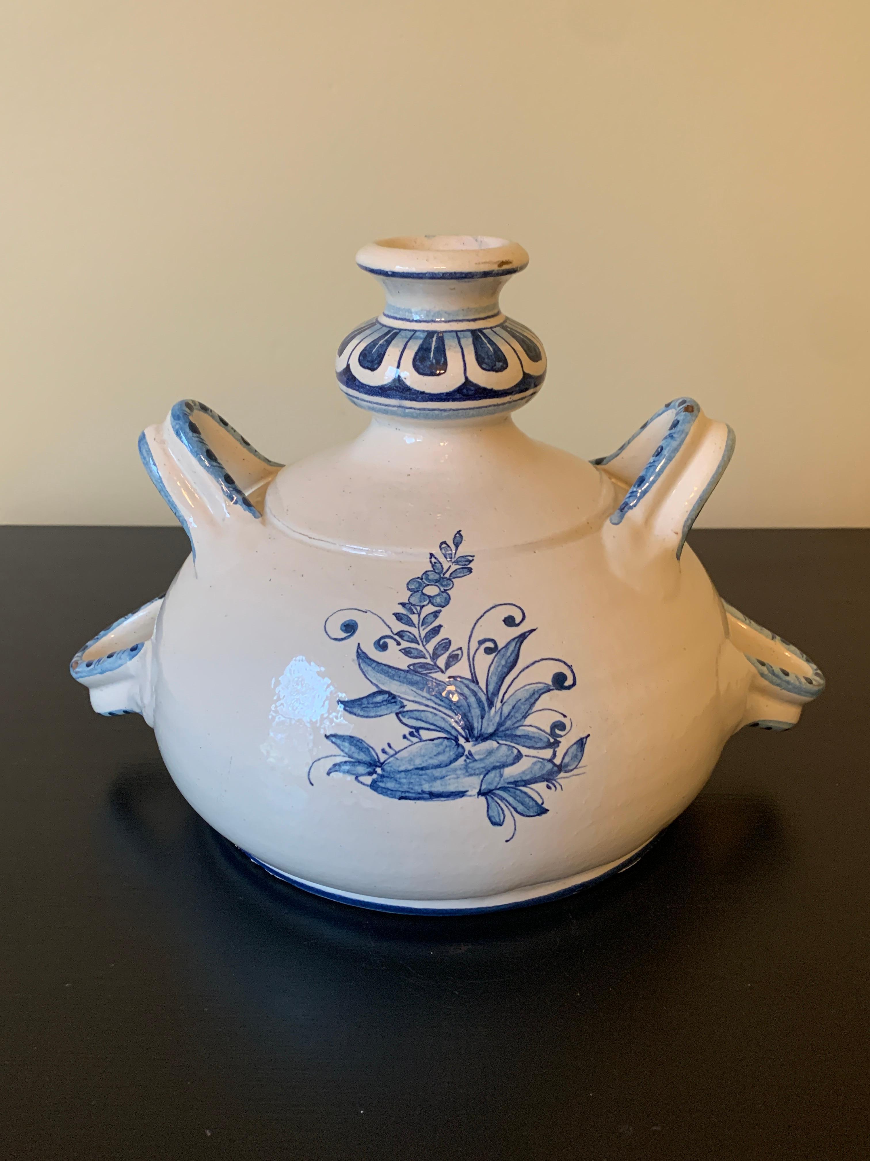 Vintage Italian Hand Painted Blue and White Faience Pottery Jug Vase For Sale 5