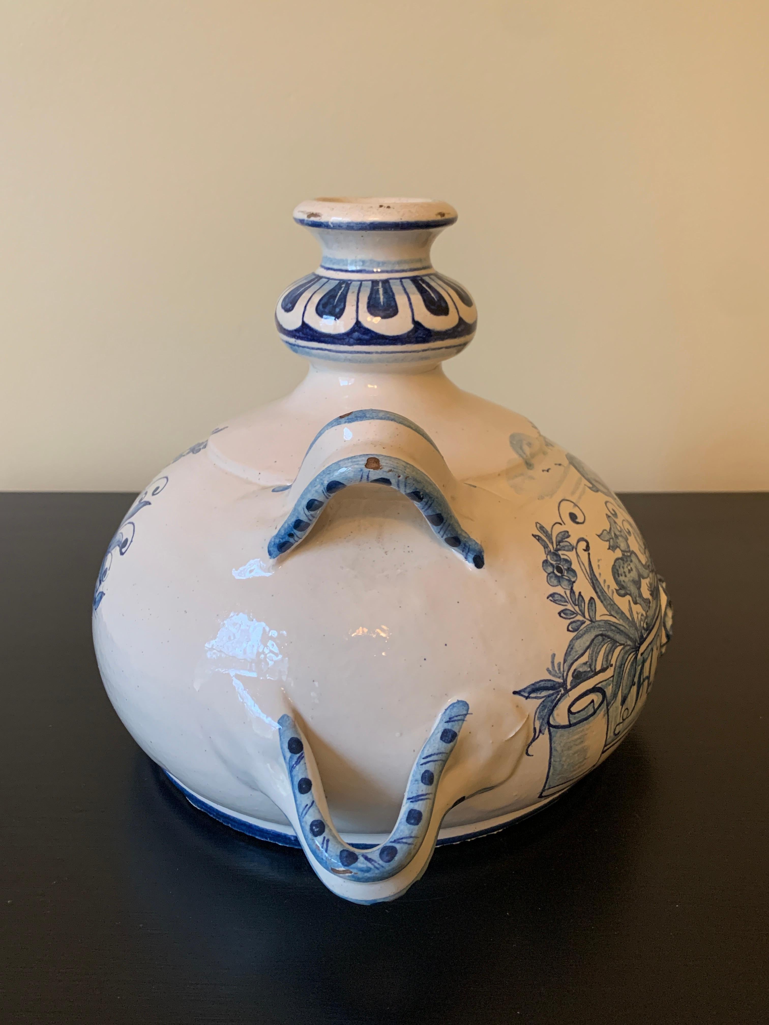 Vintage Italian Hand Painted Blue and White Faience Pottery Jug Vase For Sale 6