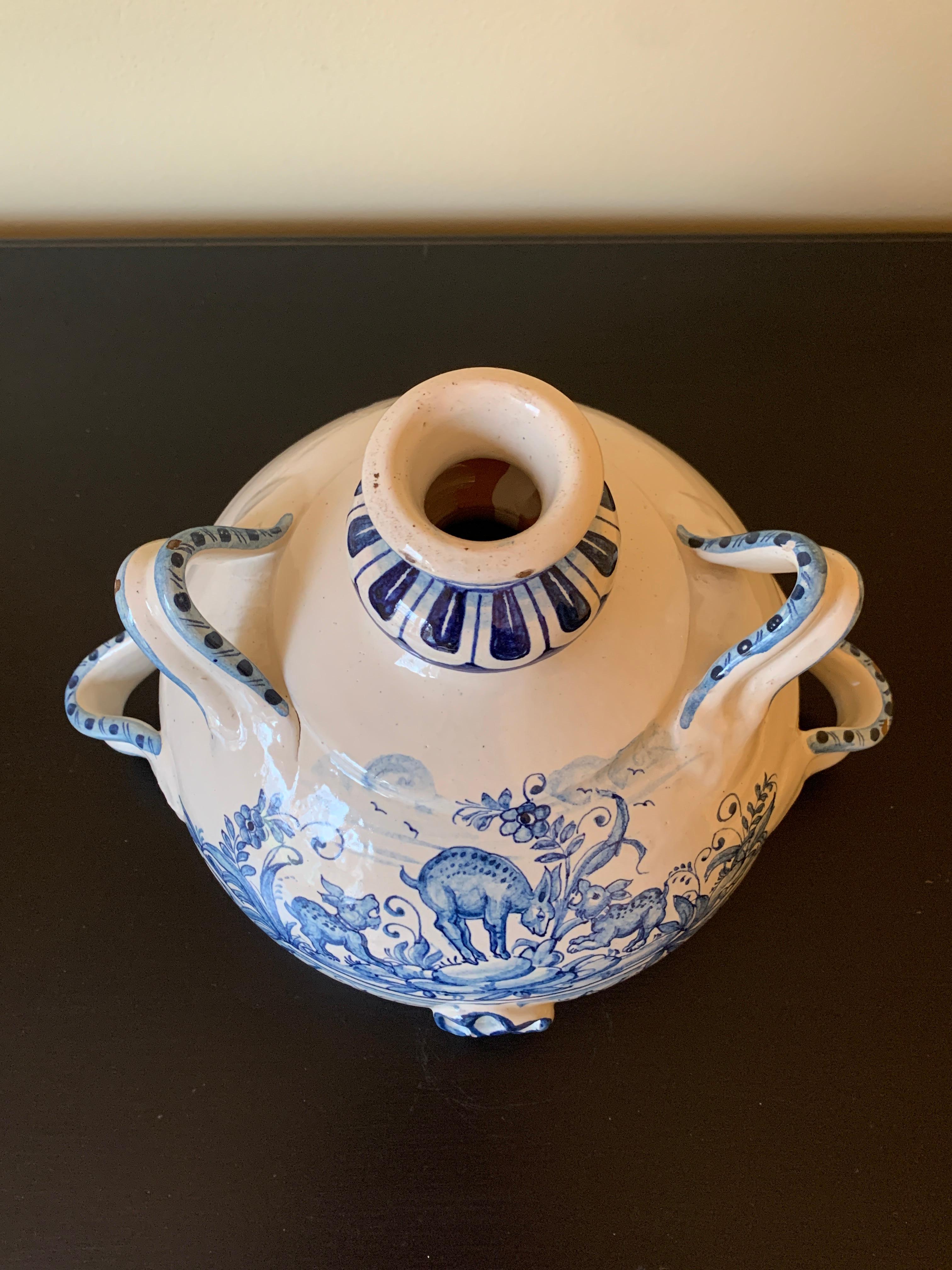 Vintage Italian Hand Painted Blue and White Faience Pottery Jug Vase For Sale 3