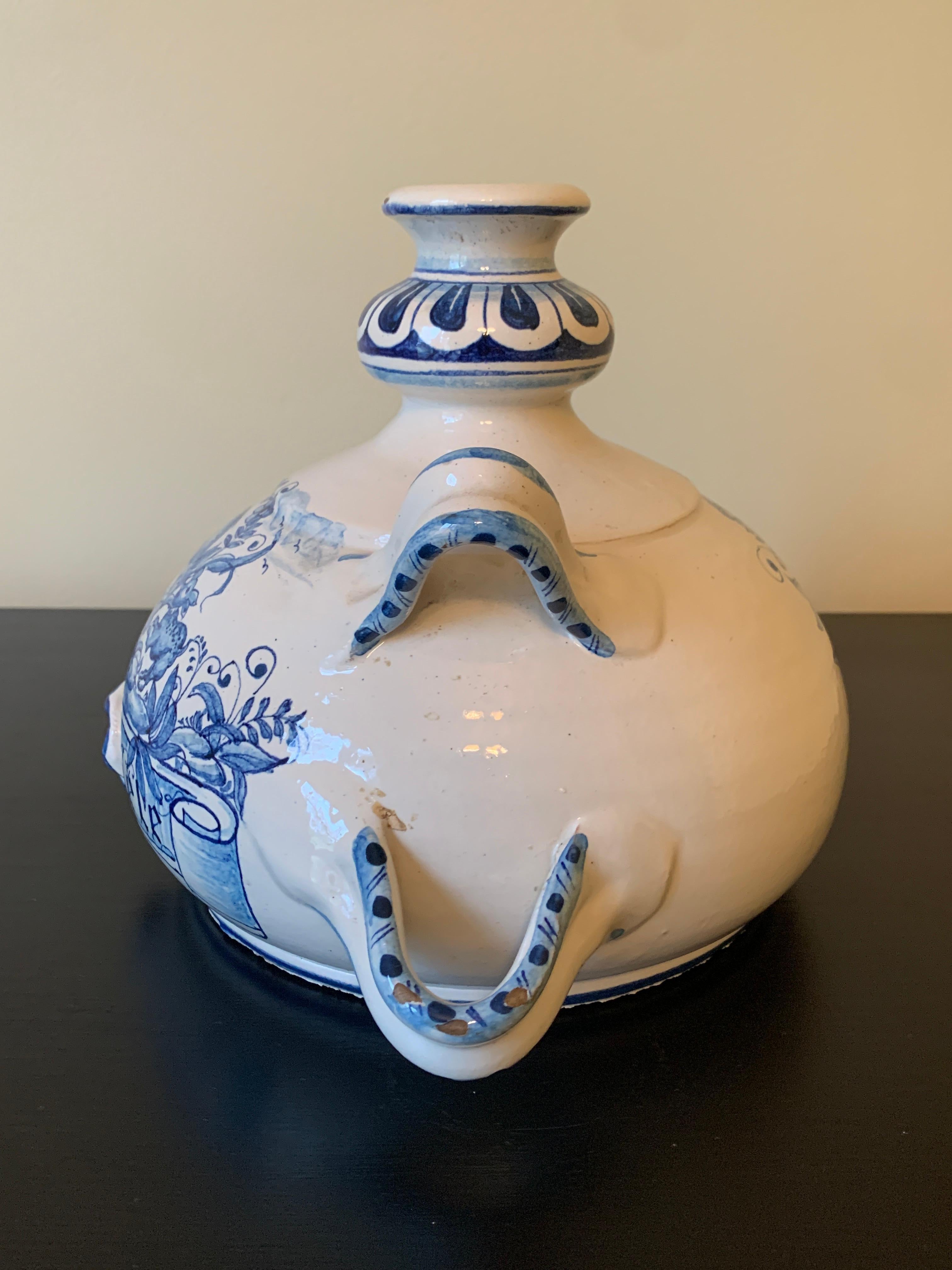 Vintage Italian Hand Painted Blue and White Faience Pottery Jug Vase For Sale 4