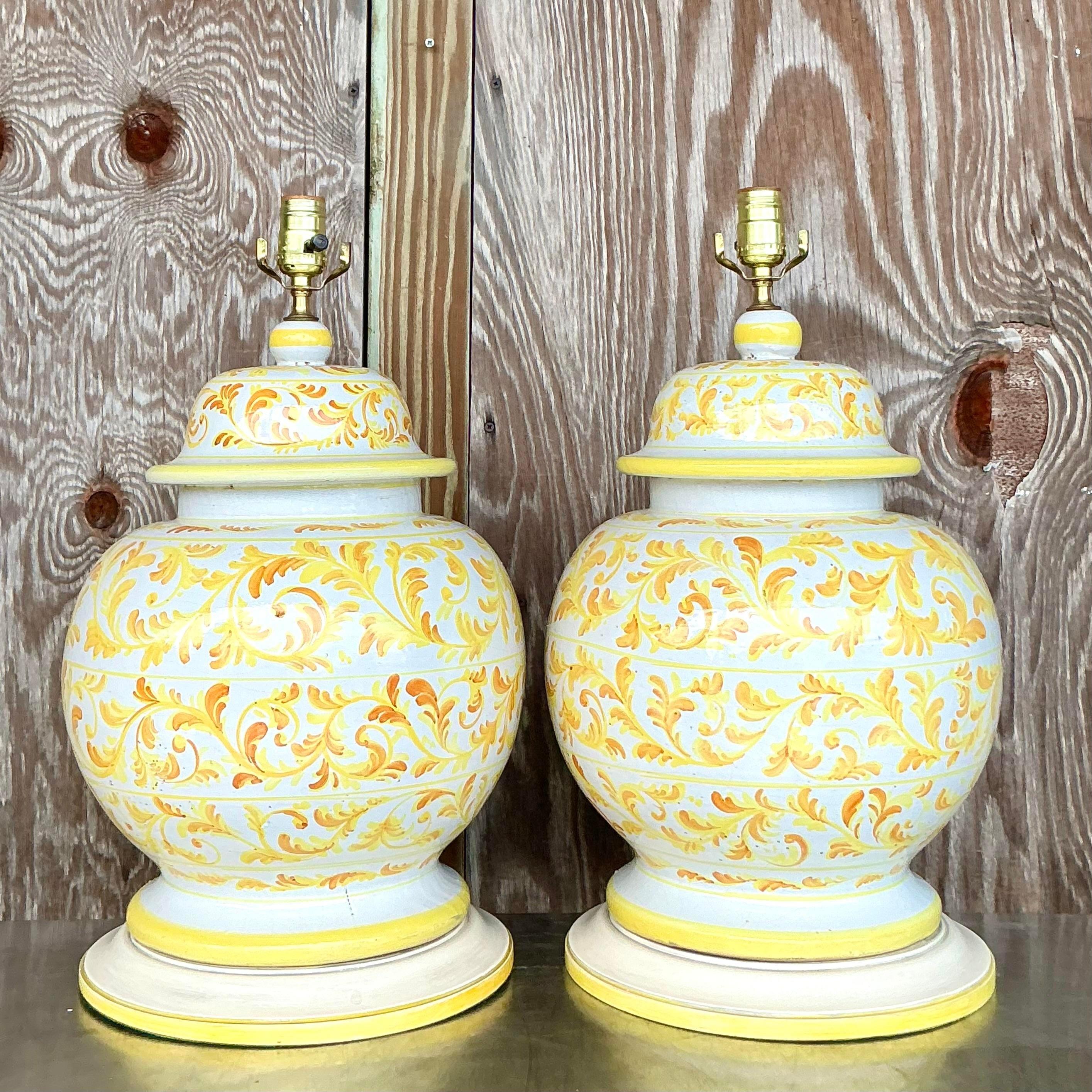 Vintage Italian Hand Painted Ceramic Lamps - a Pair In Good Condition For Sale In west palm beach, FL