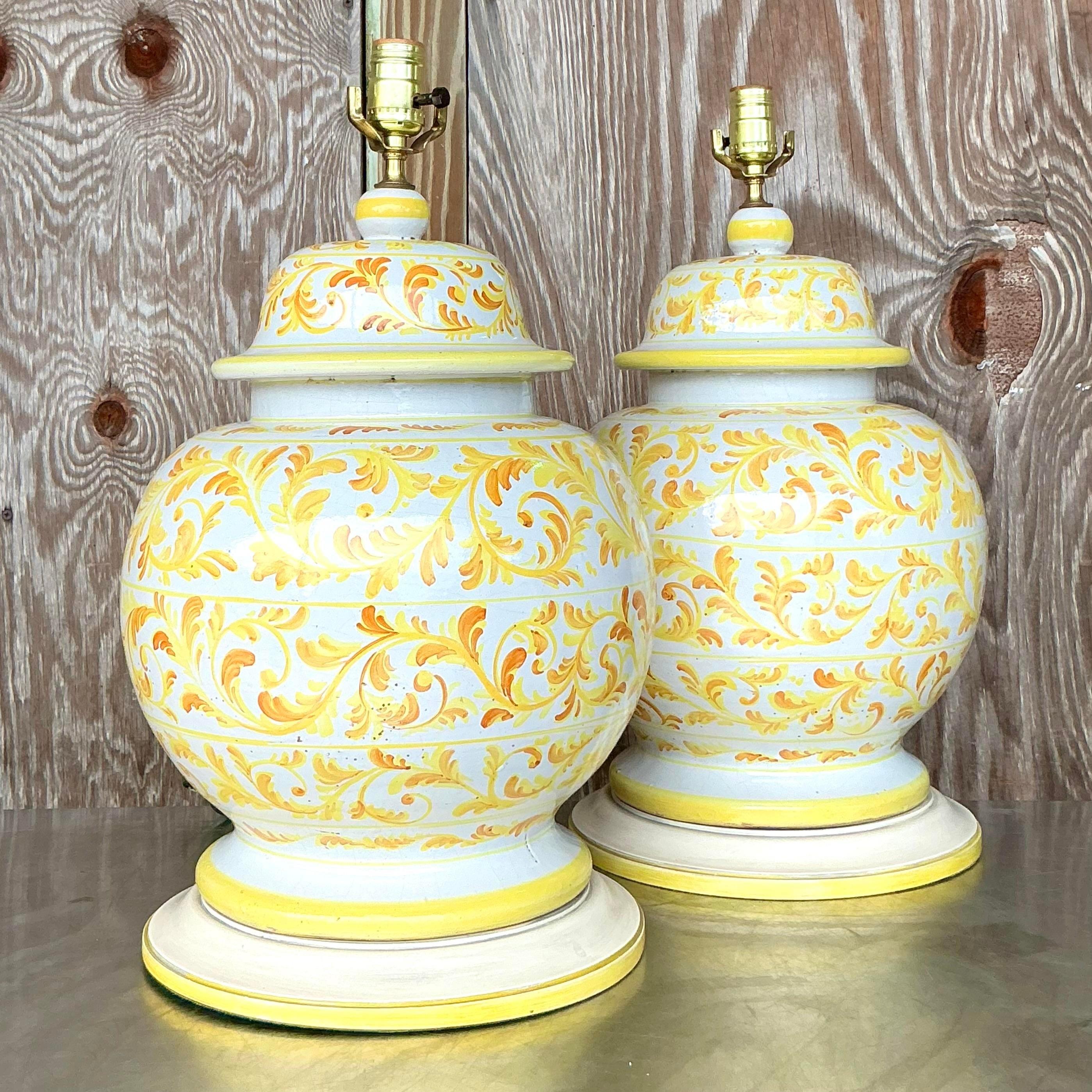 20th Century Vintage Italian Hand Painted Ceramic Lamps - a Pair For Sale