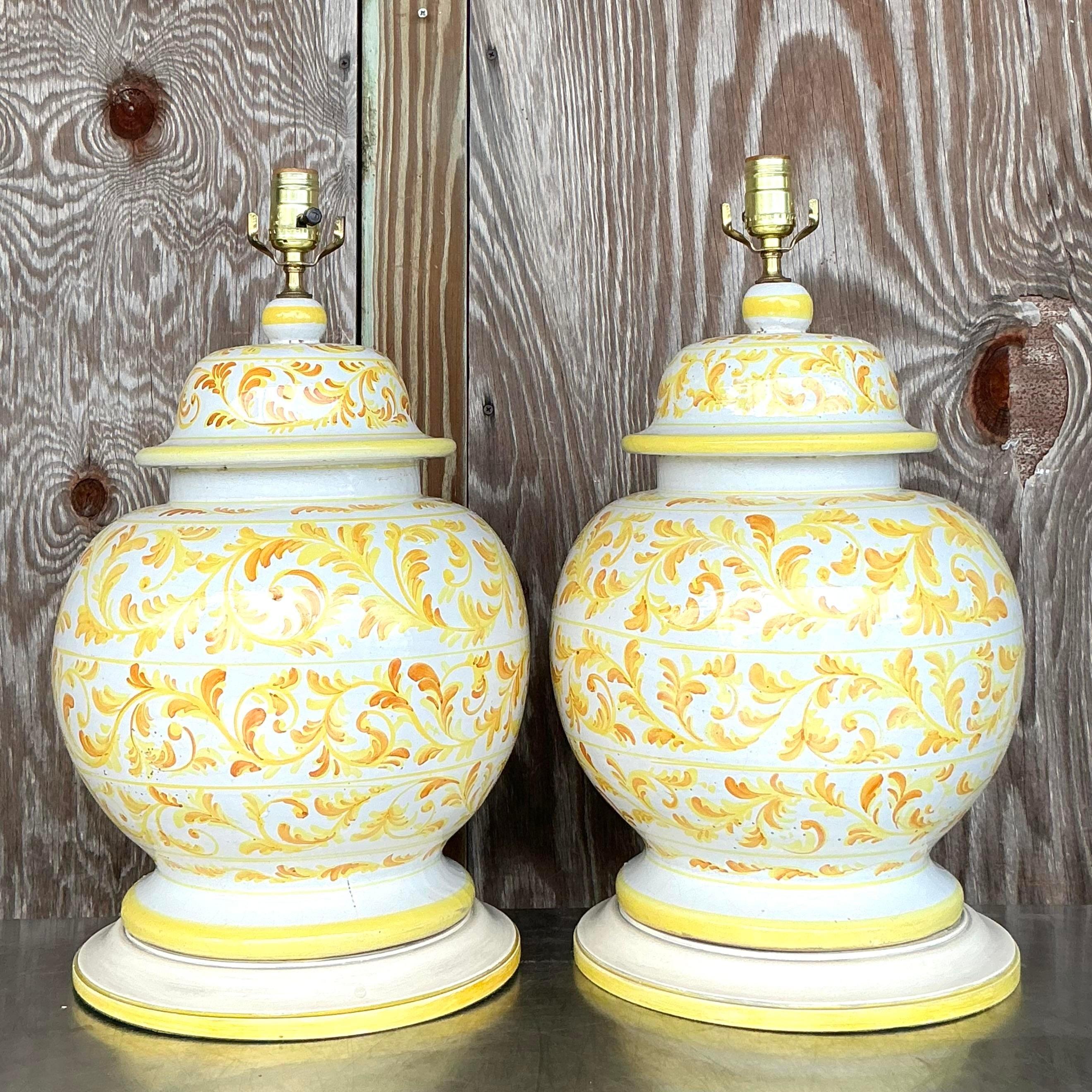 Vintage Italian Hand Painted Ceramic Lamps - a Pair For Sale 1