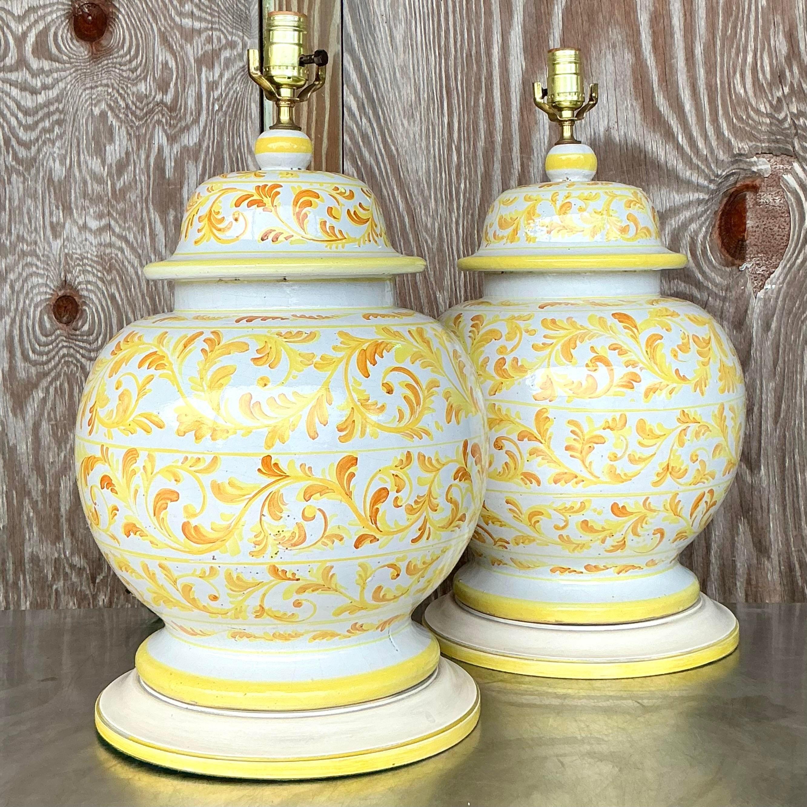 Vintage Italian Hand Painted Ceramic Lamps - a Pair For Sale 2