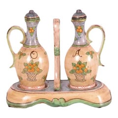 Vintage Italian Hand-Painted Ceramic Oil & Vinegar Cestino Set, 3-Piece Set