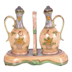 Vintage Italian Hand-Painted Ceramic Oil & Vinegar Cestino Set, 3-Piece Set