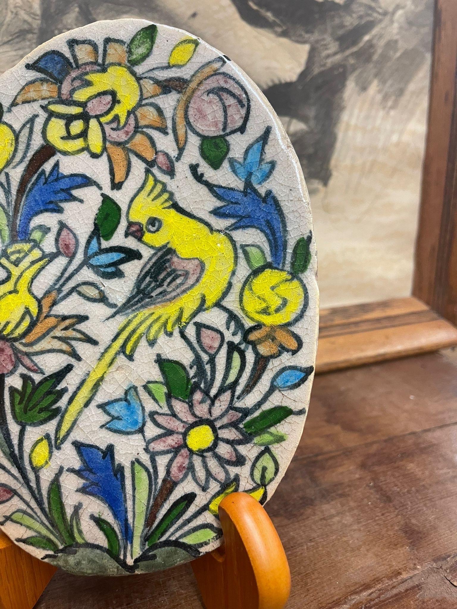 Late 20th Century Vintage Italian Hand Painted Ceramic Oval Tile With Parrot Motif. For Sale