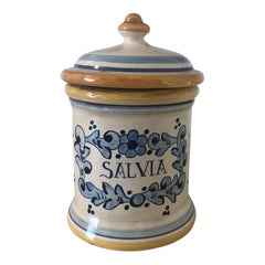 Vintage Italian Hand-Painted Ceramic Salvia Canister in Ivory, Blue, yellow
