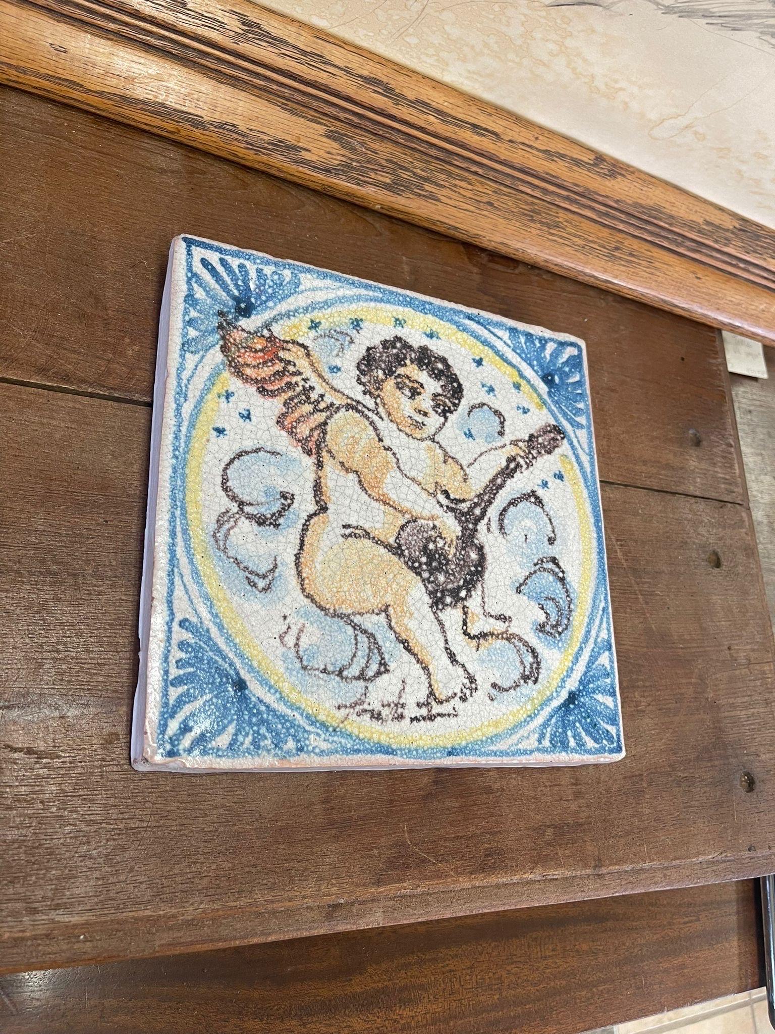 Vintage Italian Hand Painted Ceramic Tile Decorative Wall Hanging With Cherub mo In Good Condition For Sale In Seattle, WA