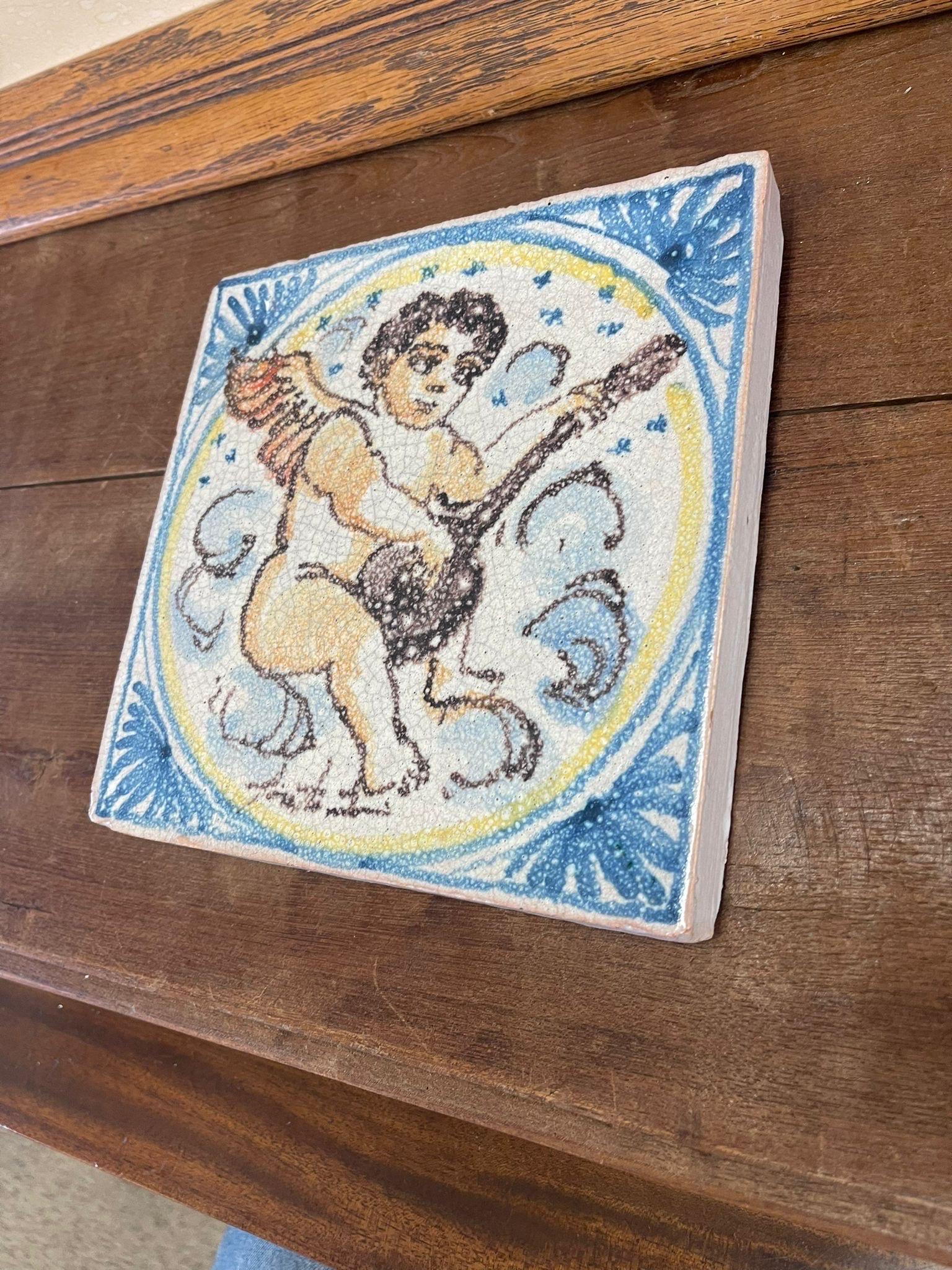 Late 20th Century Vintage Italian Hand Painted Ceramic Tile Decorative Wall Hanging With Cherub mo For Sale