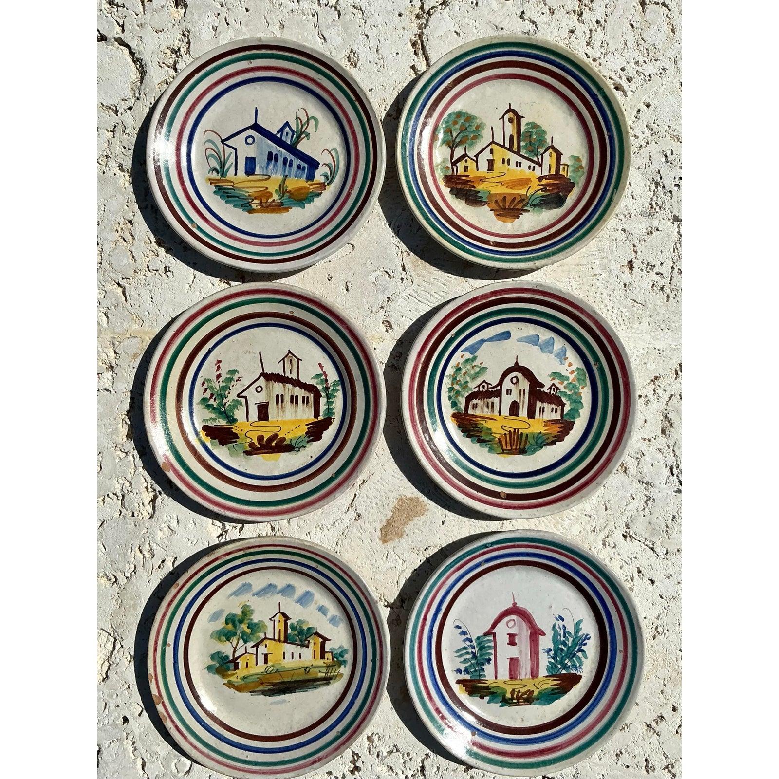 Rustic Vintage Italian Hand Painted Dishes - Set of 6 For Sale
