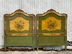 Vintage Italian Hand Painted Floral Twin Headboards - a Pair
