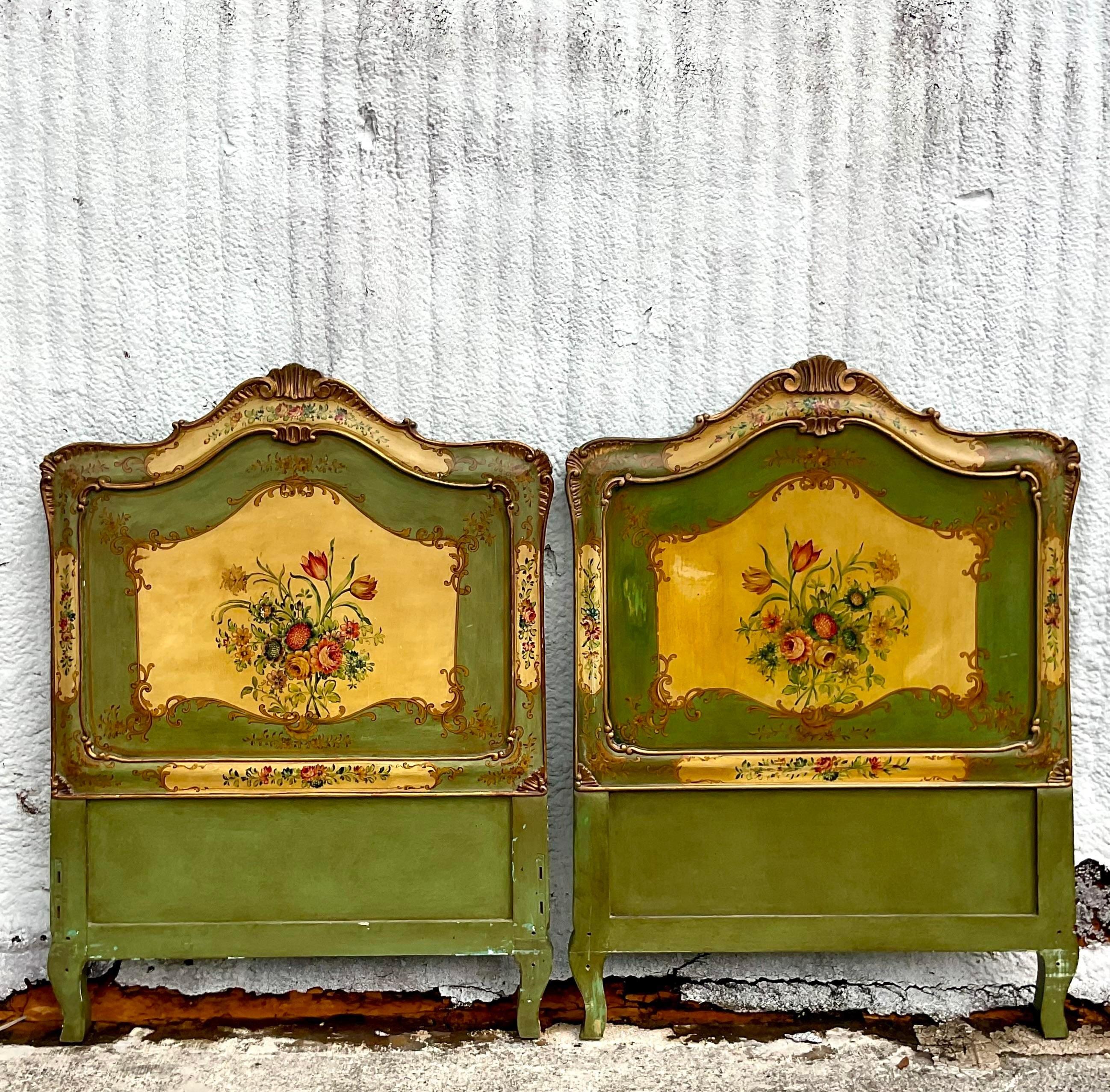 Vintage Italian Hand Painted Floral Twin Headboards - a Pair In Good Condition For Sale In west palm beach, FL