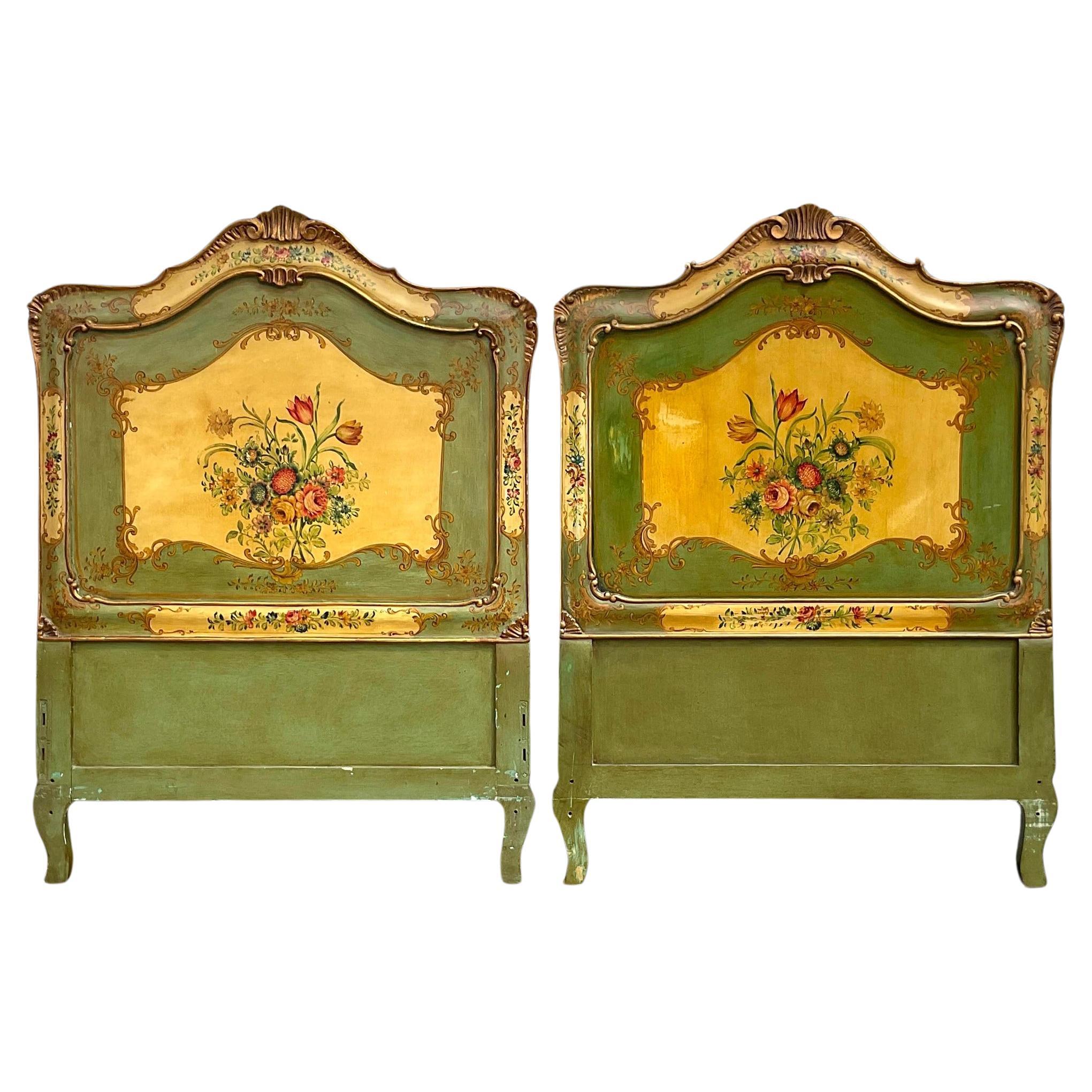 Vintage Italian Hand Painted Floral Twin Headboards - a Pair