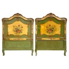 Antique Italian Hand Painted Floral Twin Headboards - a Pair