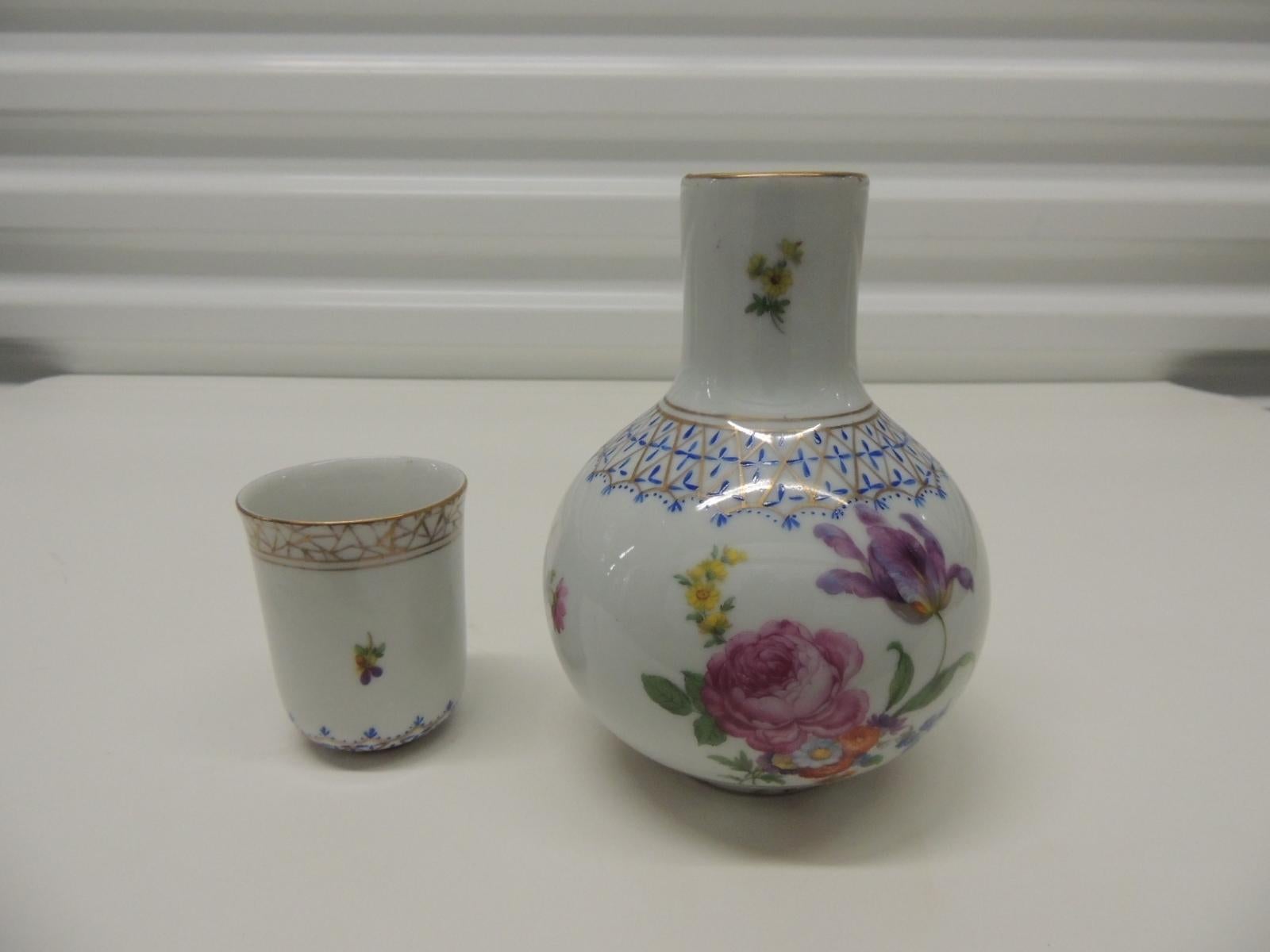 Bohemian Vintage Italian Hand Painted Floral Water Carafe with Cup