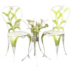 Vintage Italian Hand Painted Metal Daisy Garden Dining Table & 2 Chairs