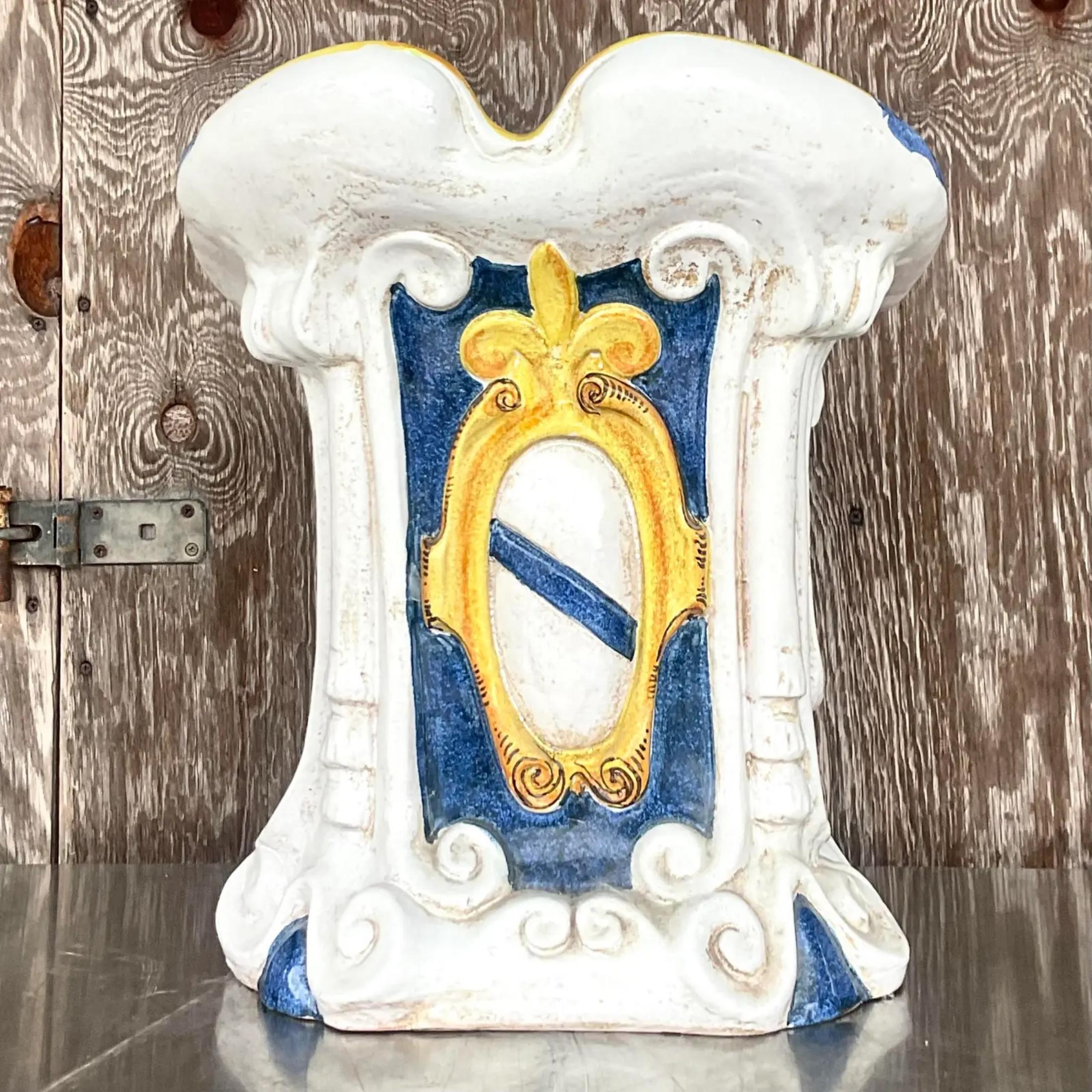 A fabulous vintage Coastal Italian garden stool. Beautiful hand painted design with a glazed ceramic finish. Brilliant colors make this piece a real standout. Perfect indoors or outside. Acquired from a Palm Beach estate. 