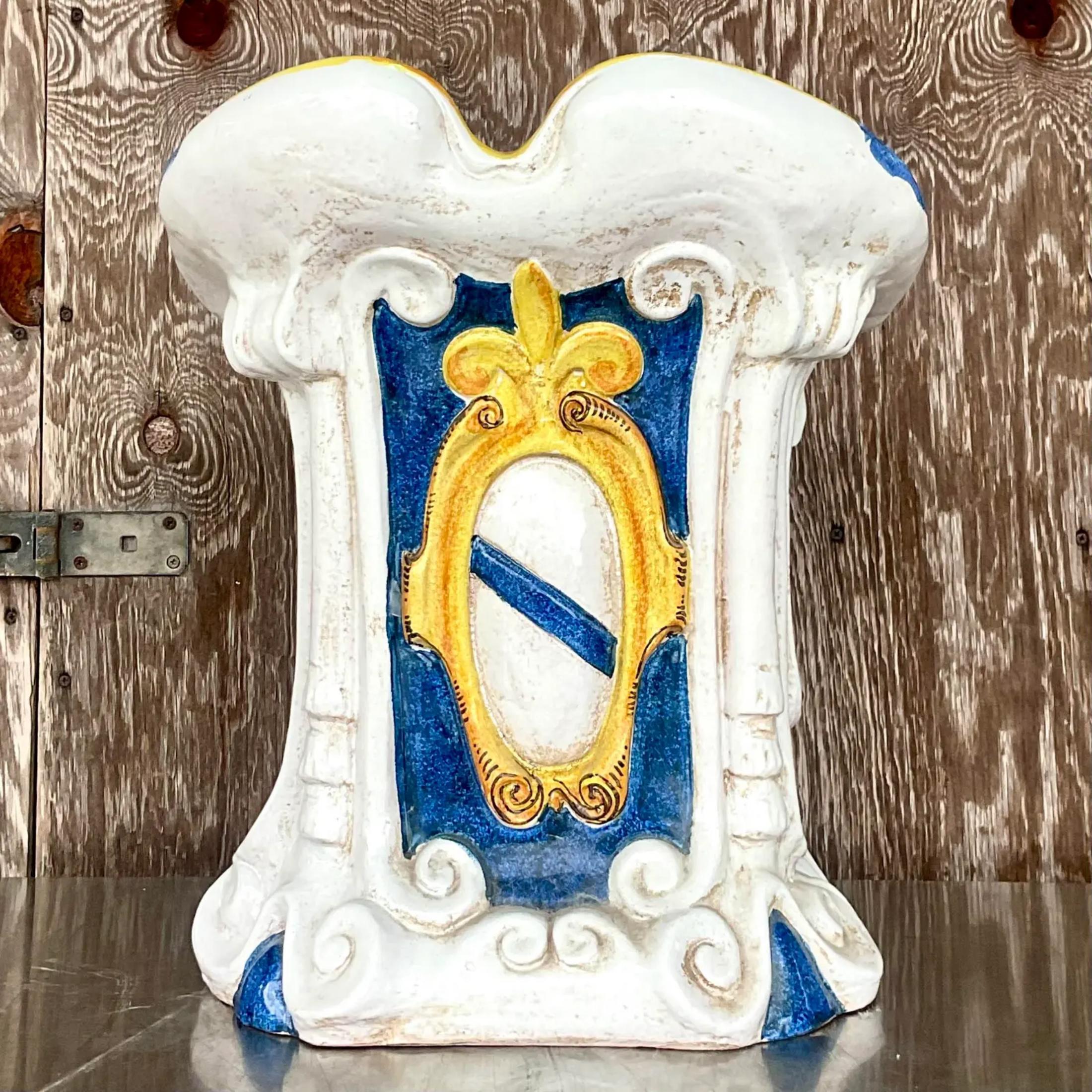 Vintage Italian Hand Painted Terea Cotta Garden Seat In Good Condition In west palm beach, FL