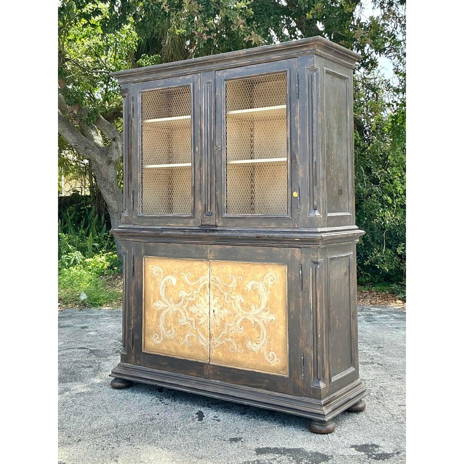 Wood Vintage Italian Hand Painted Tuscan Cabinet For Sale