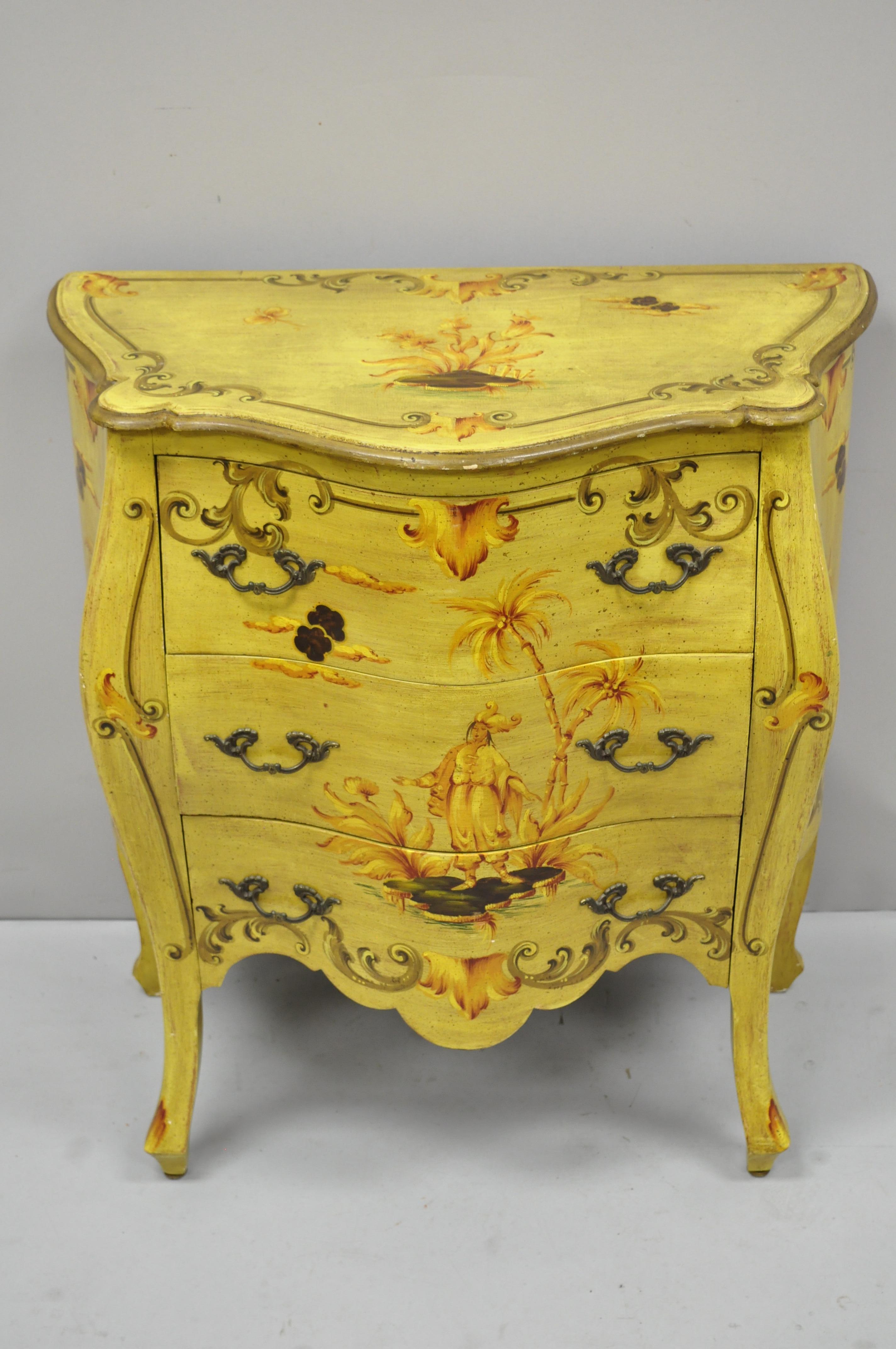 Vintage Italian Hand Painted Yellow Chinoiserie Bombe Commode Chest 3