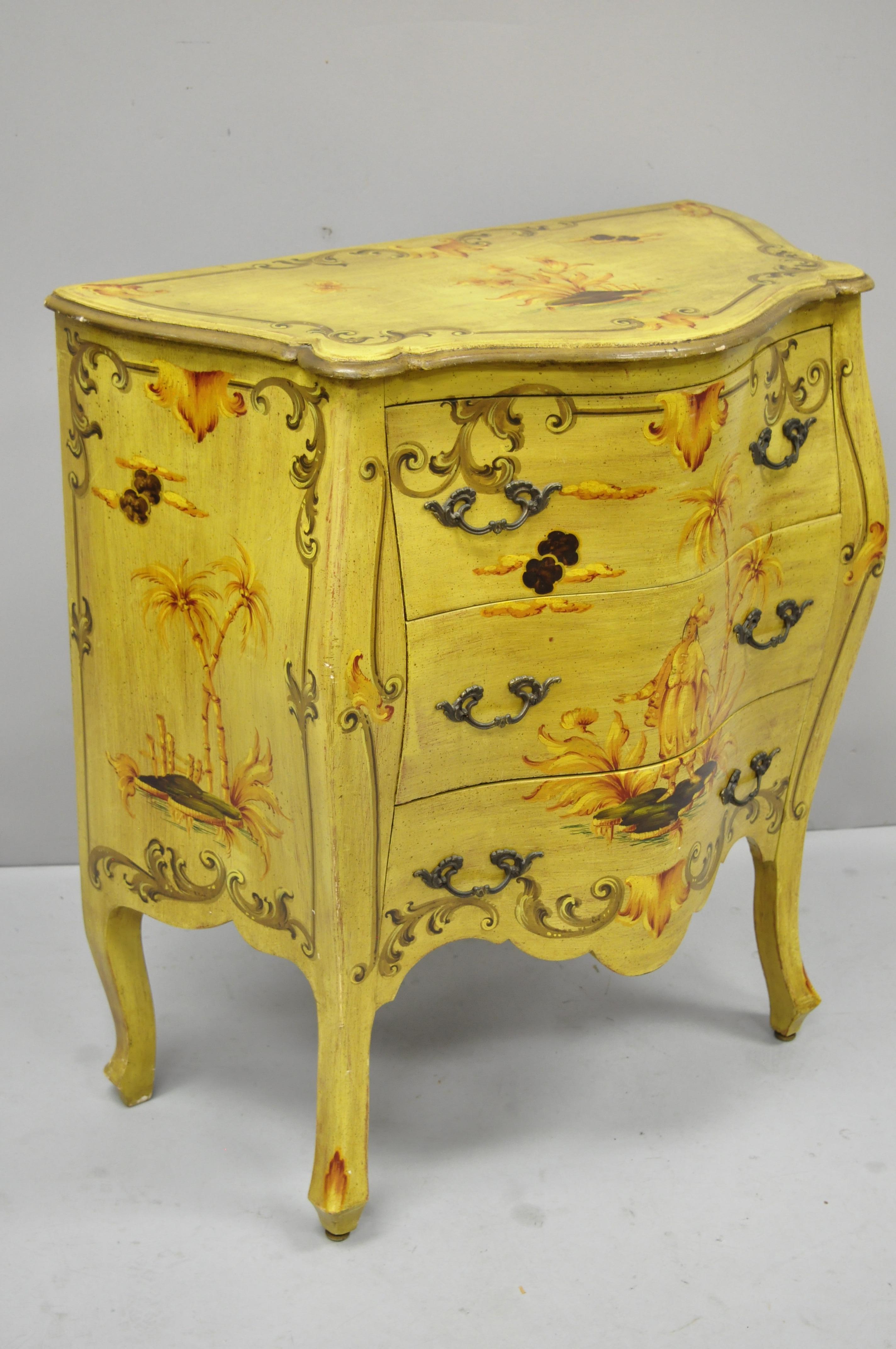 Vintage Italian hand painted yellow chinoiserie bombe commode chest. Item features hand painted scenes to front, top and sides of bamboo trees and a person, wood construction, original stamp, 3 drawers, quality Italian craftsmanship, great style and