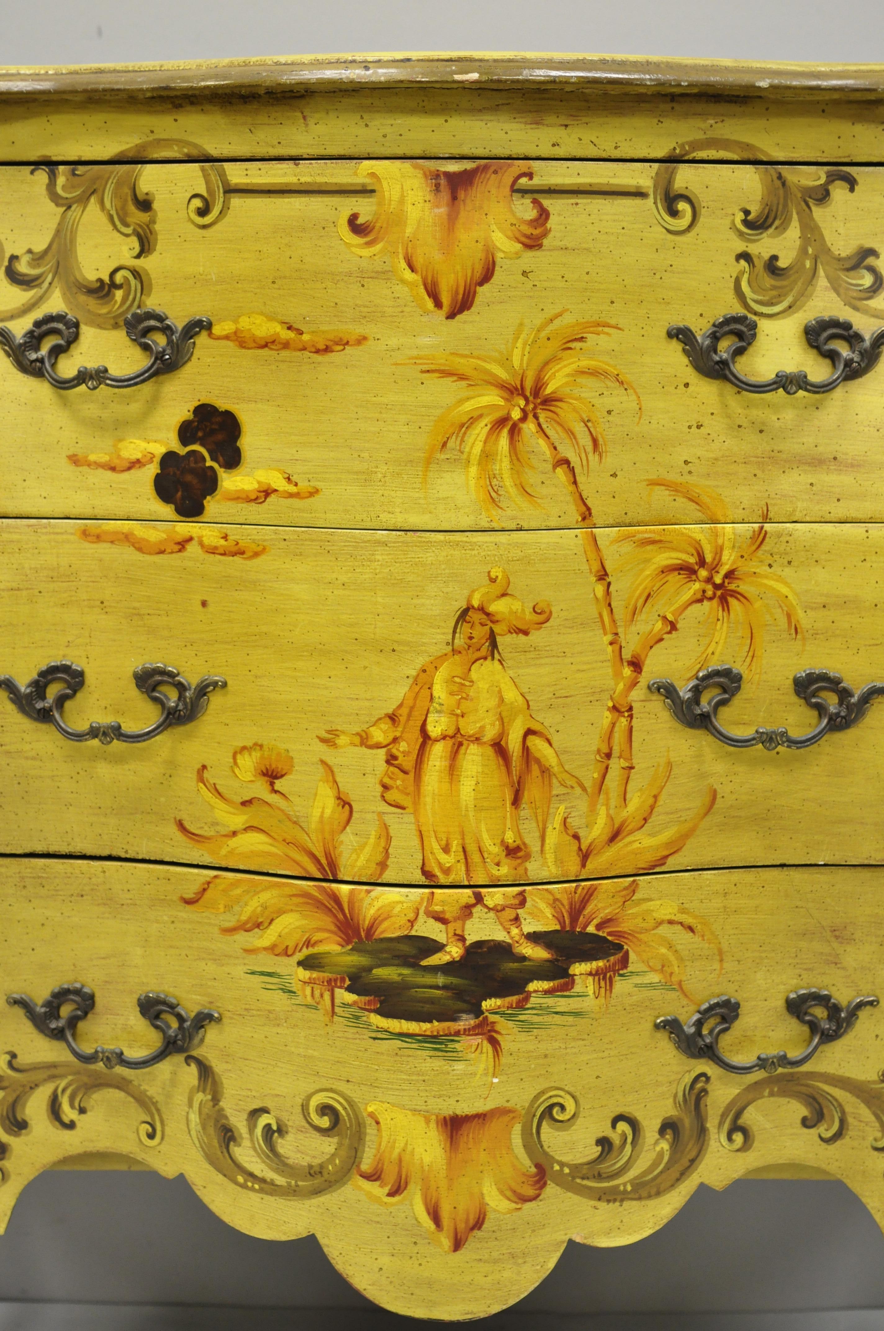 Vintage Italian Hand Painted Yellow Chinoiserie Bombe Commode Chest In Good Condition In Philadelphia, PA