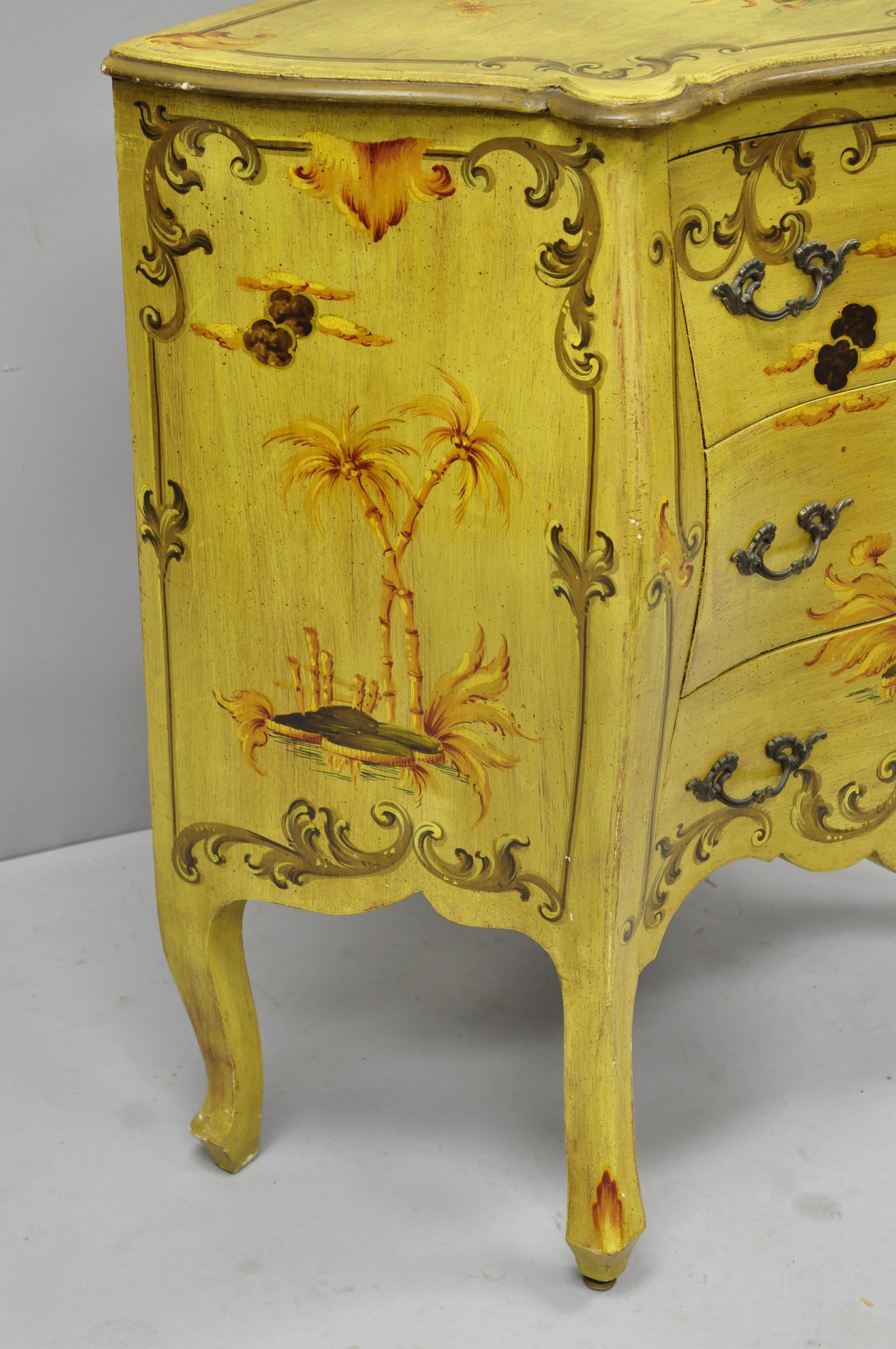 20th Century Vintage Italian Hand Painted Yellow Chinoiserie Bombe Commode Chest