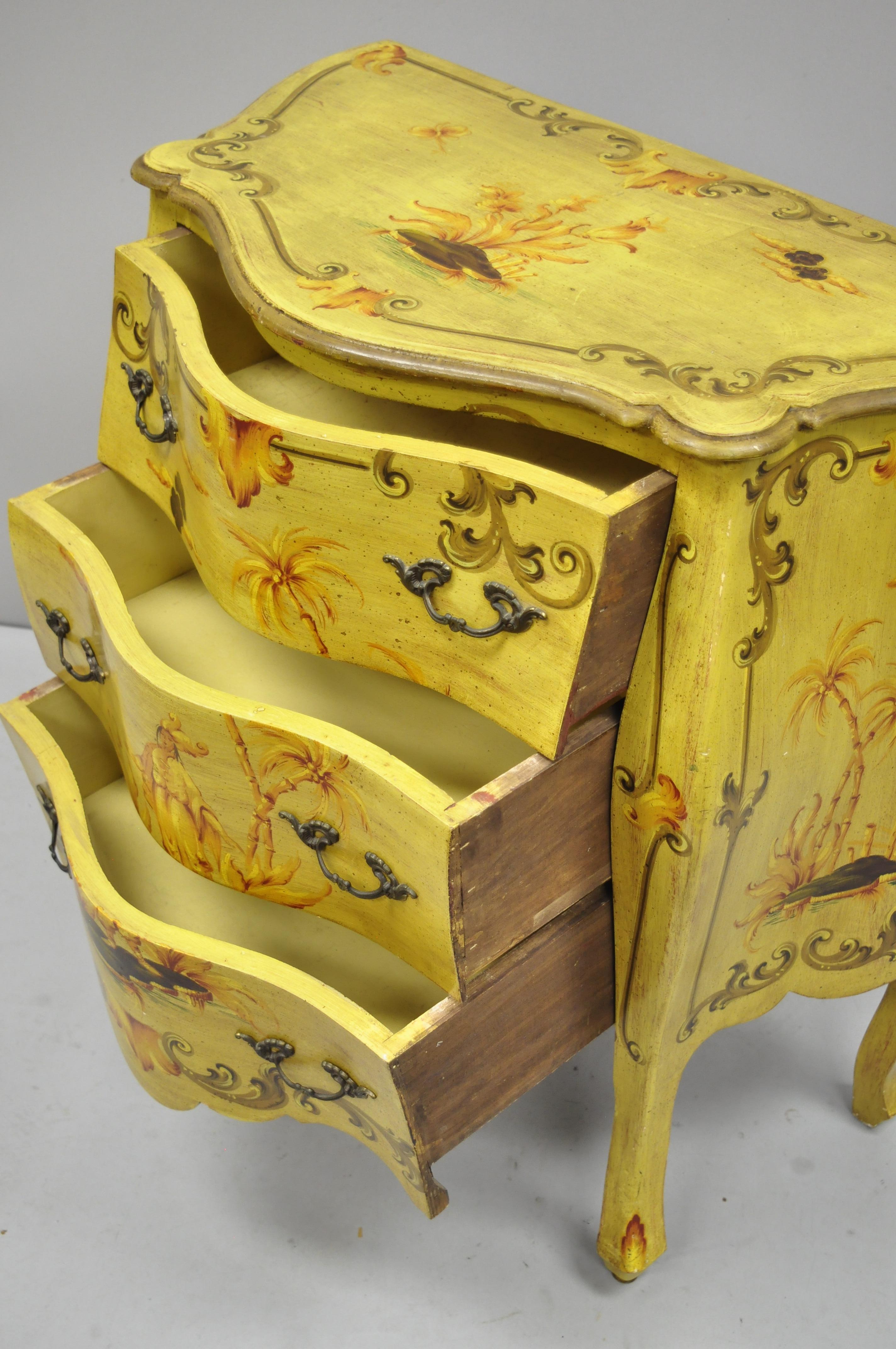 Wood Vintage Italian Hand Painted Yellow Chinoiserie Bombe Commode Chest