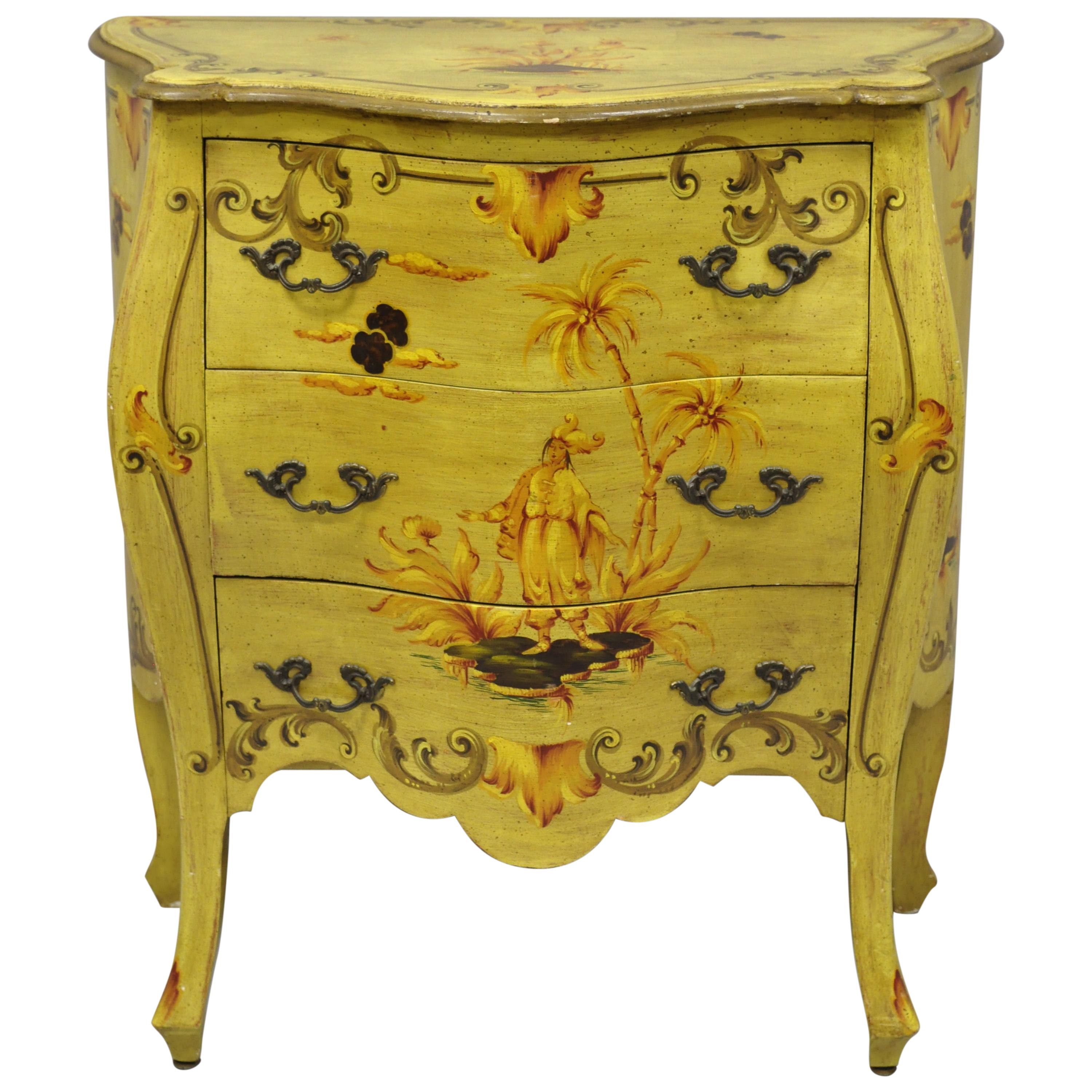 Vintage Italian Hand Painted Yellow Chinoiserie Bombe Commode Chest
