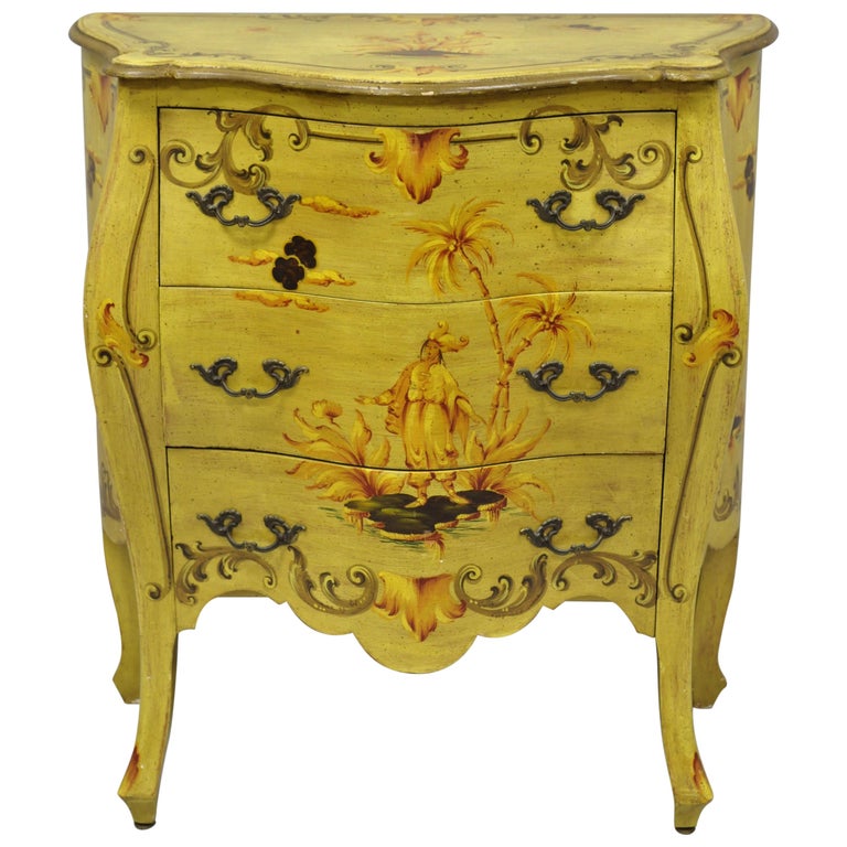 Vintage Italian Hand Painted Yellow Chinoiserie Bombe Commode