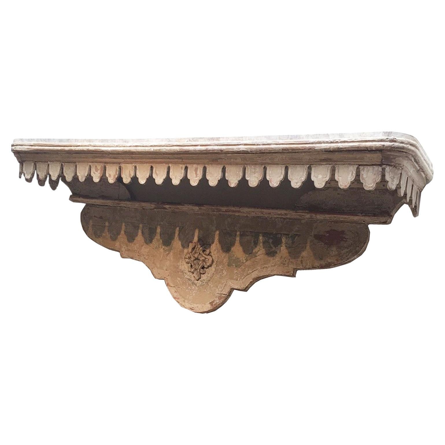 Vintage Italian Wall Mounted Console Table, originally an over the Door Console Table or Shelf, Handcrafted and Hand Painted Scalloped Edge with newly added Faux Marble Top Console Table great for Home Decor 