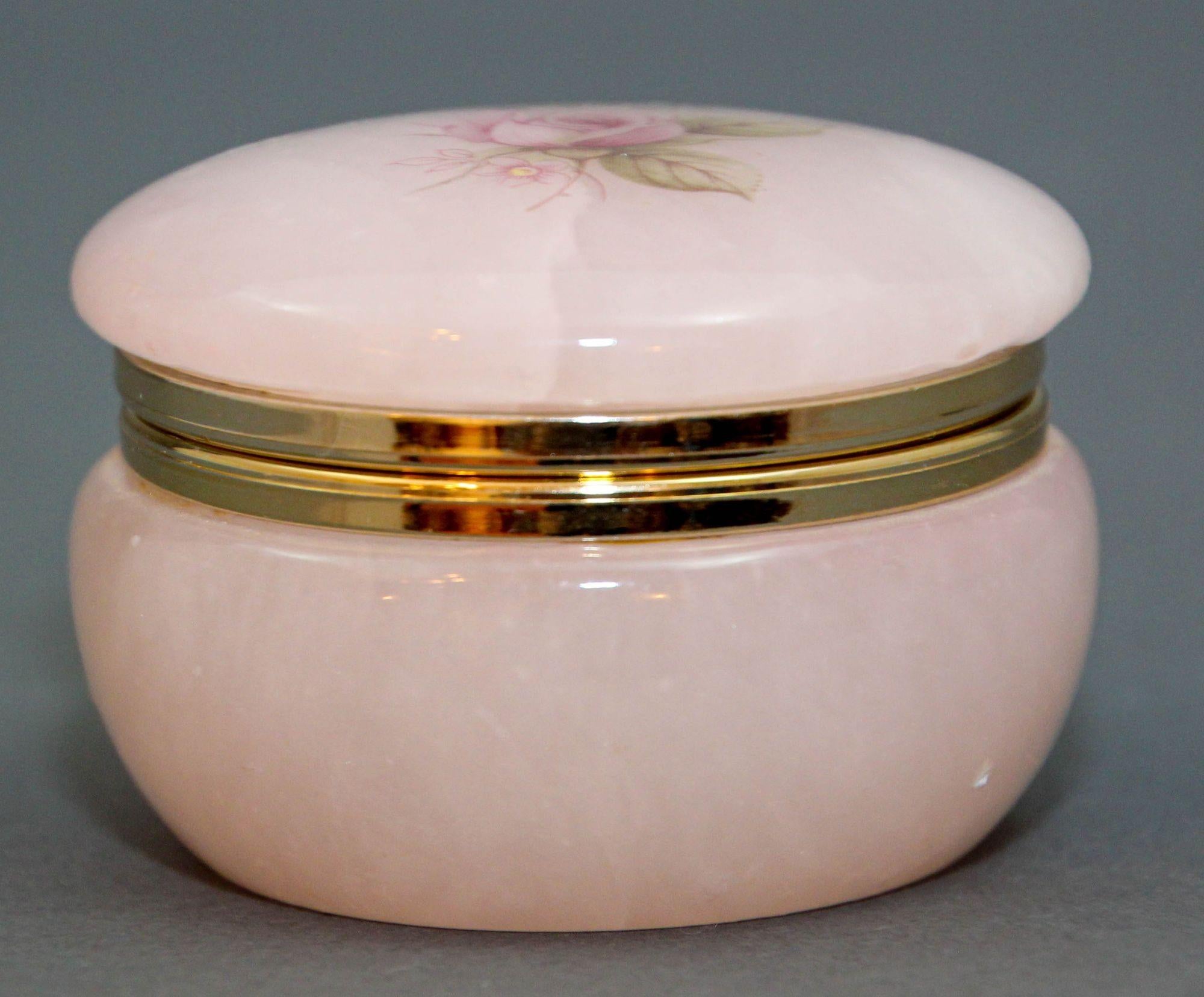 Vintage Italian Handcrafted Pink And Gold Alabaster Round Box at 1stDibs