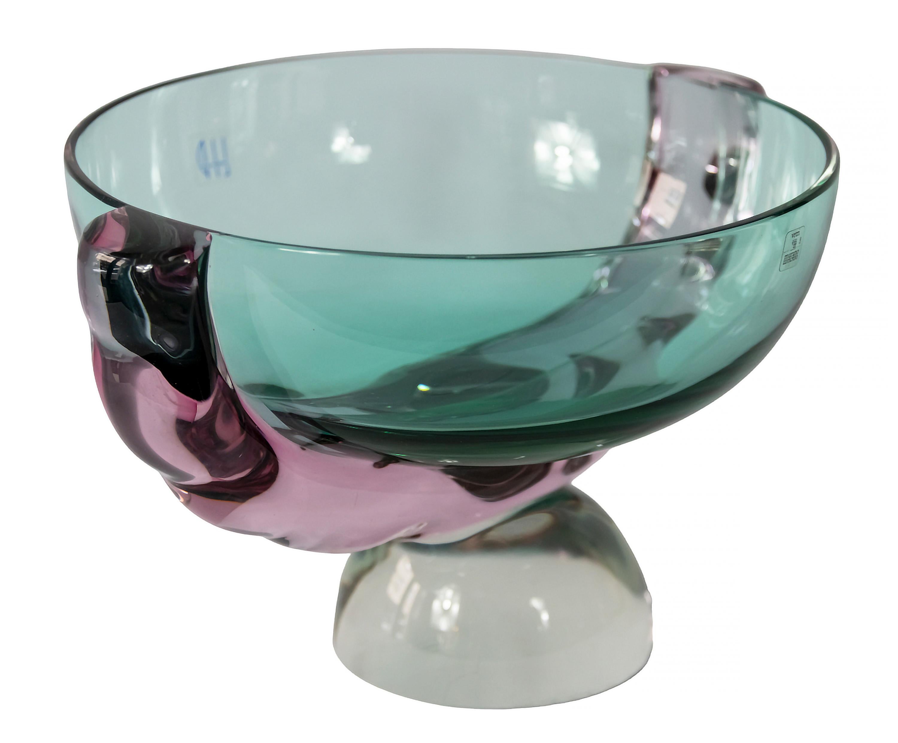 Vintage Italian handmade Murano glass asimetrical vase created and signed by Marcello Furlan, circa 1990.
The glass colors are light green emerald and pink on clear glass base. 
This vase is solid and very heavy.