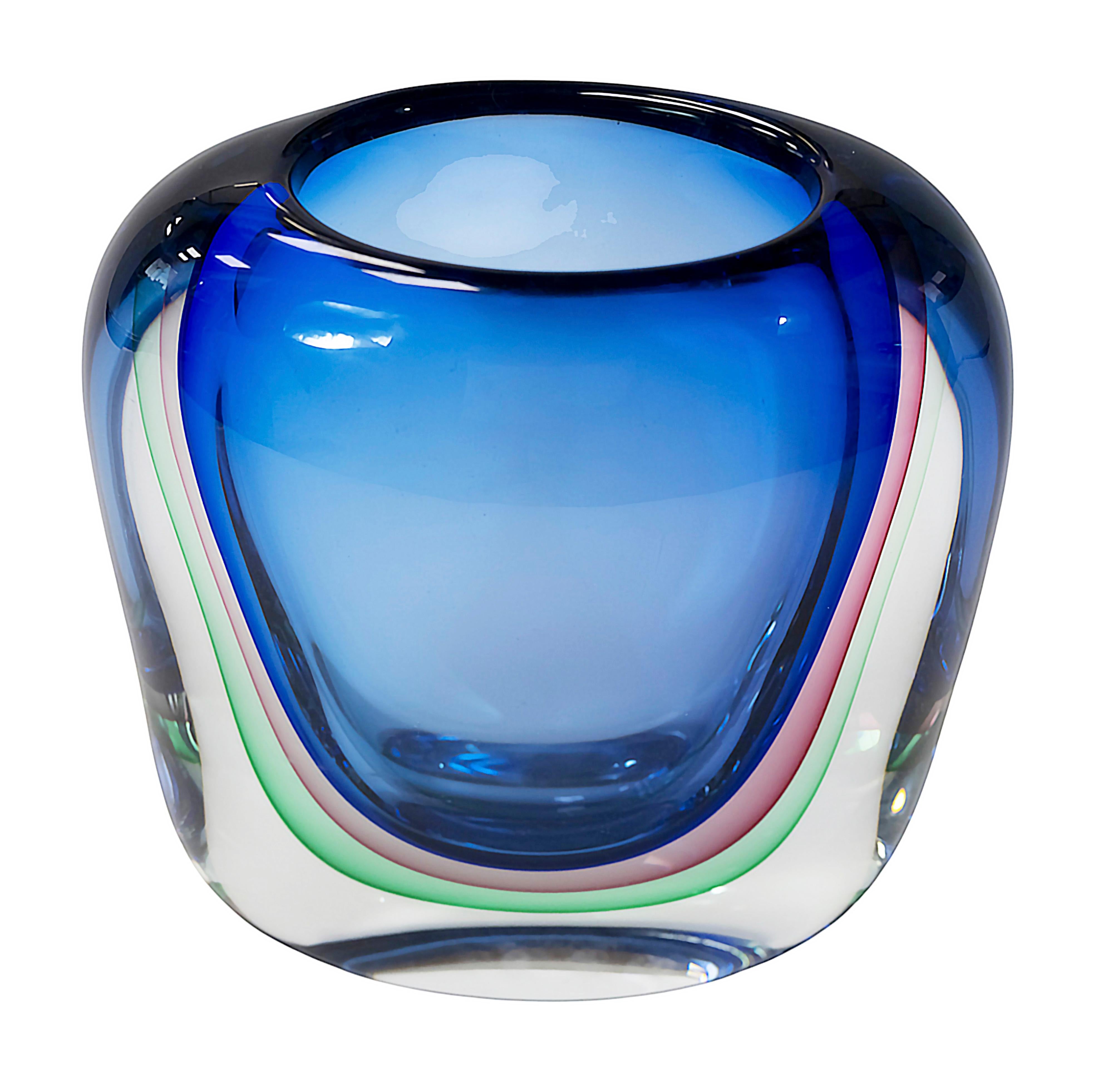 Vintage Italian handmade Sommerso vase created in multi-colour layers of Murano glass. The glass is clear, blue, green and pink.
Signed/engraved by the author on the bottom.
