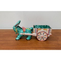 Vintage Italian Handpainted Donkey with Cart Bowl Sculpture from Deruta, Italy
