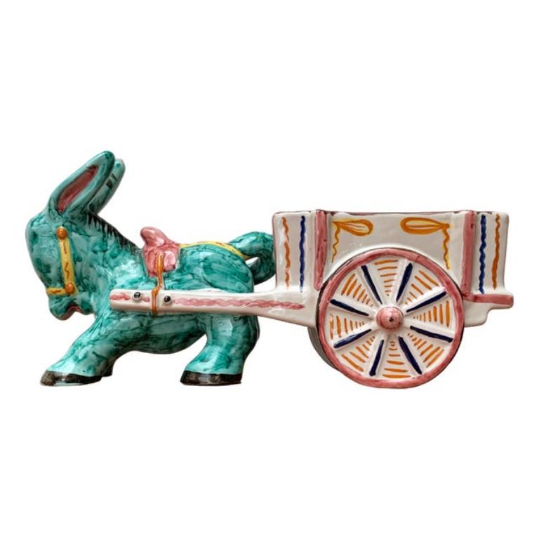 Italienische handbemalte Vintage-Skulptur eines Esels mit Rollwagen aus Deruta, Italien im Angebot
