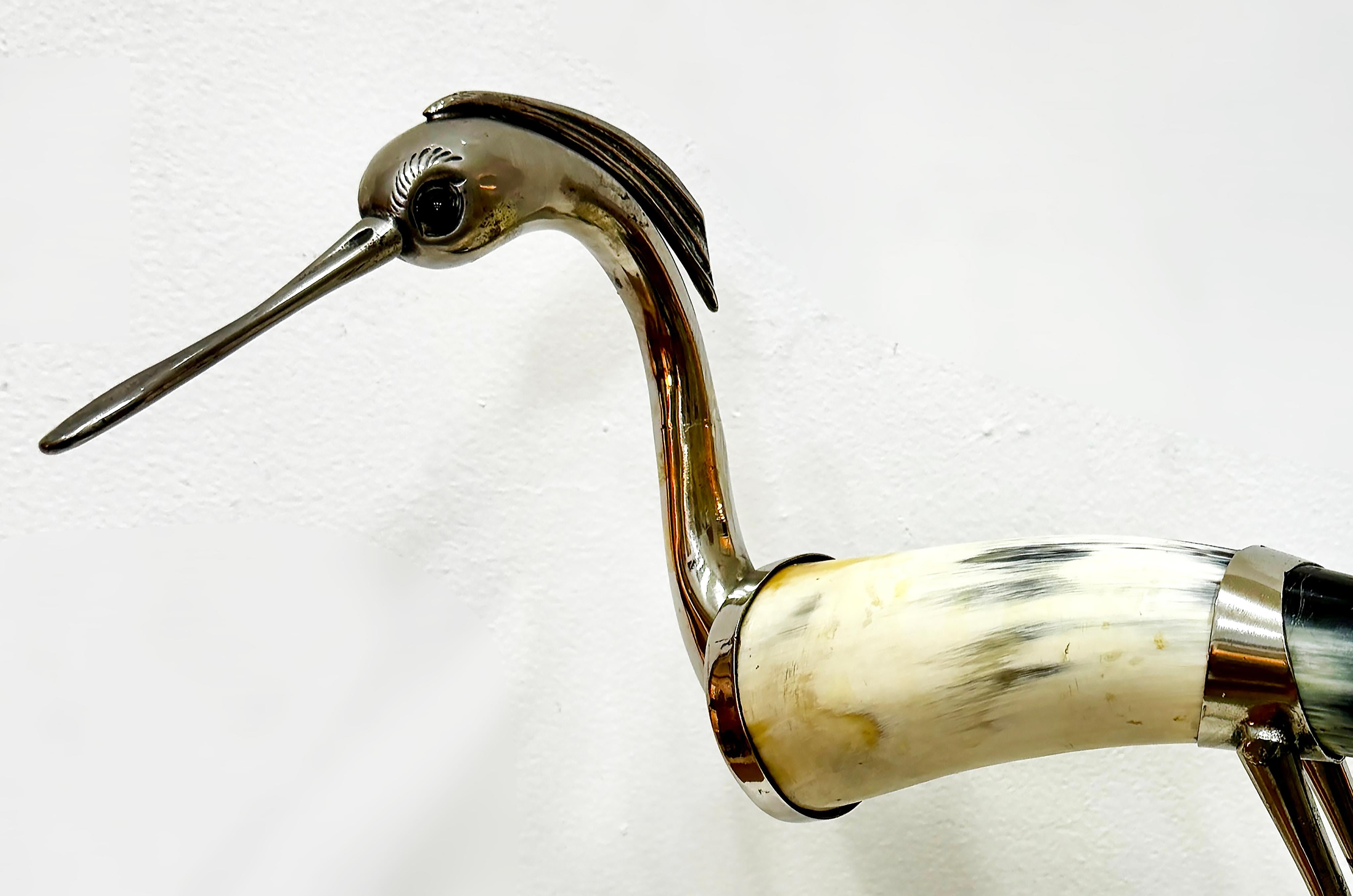 Polished Vintage Italian Hauy Pouigo Crane or Heron Sculpture in Horn and Silver