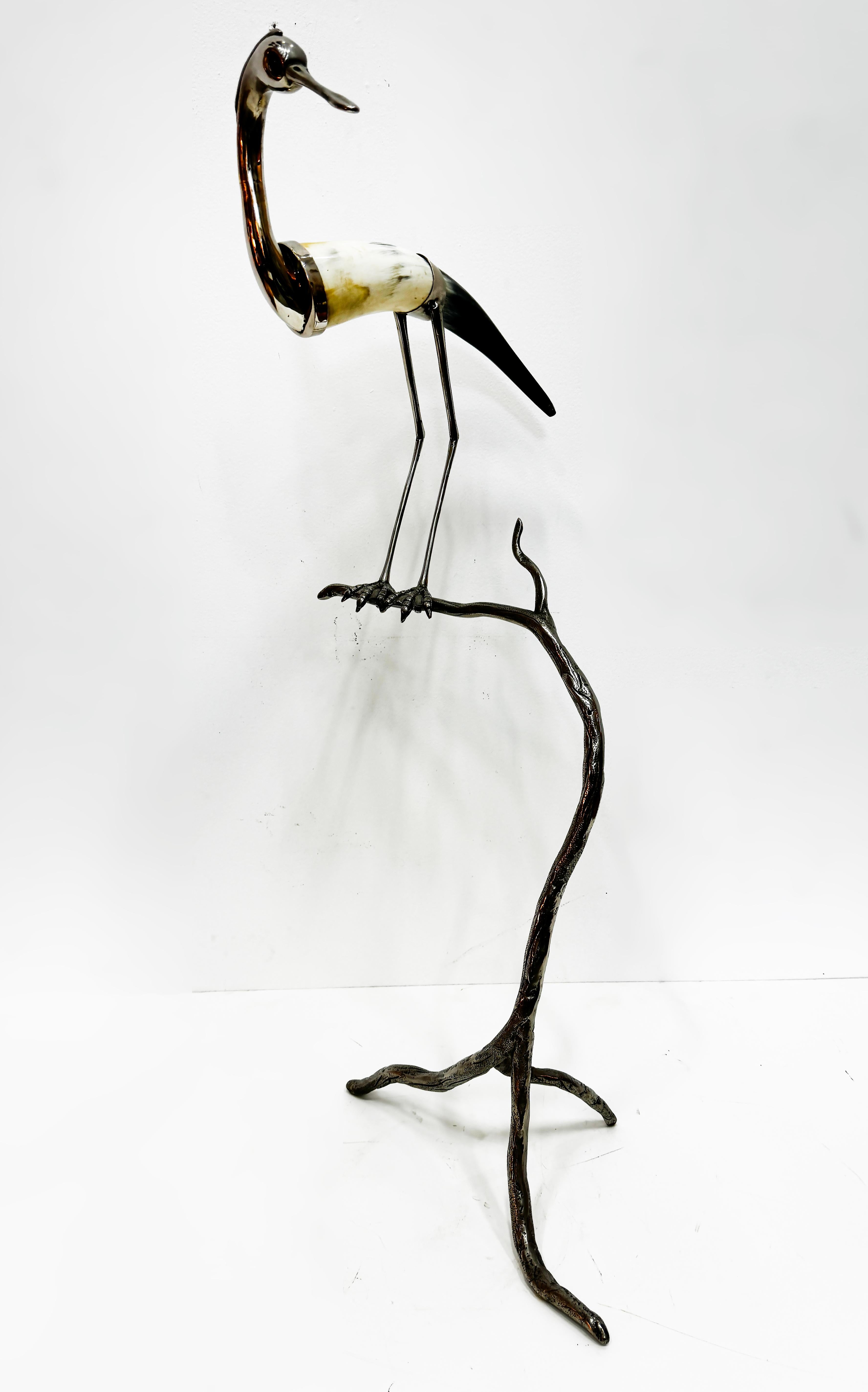 Vintage Italian Hauy Pouigo Crane or Heron Sculpture in Horn and Silver In Good Condition In Miami, FL