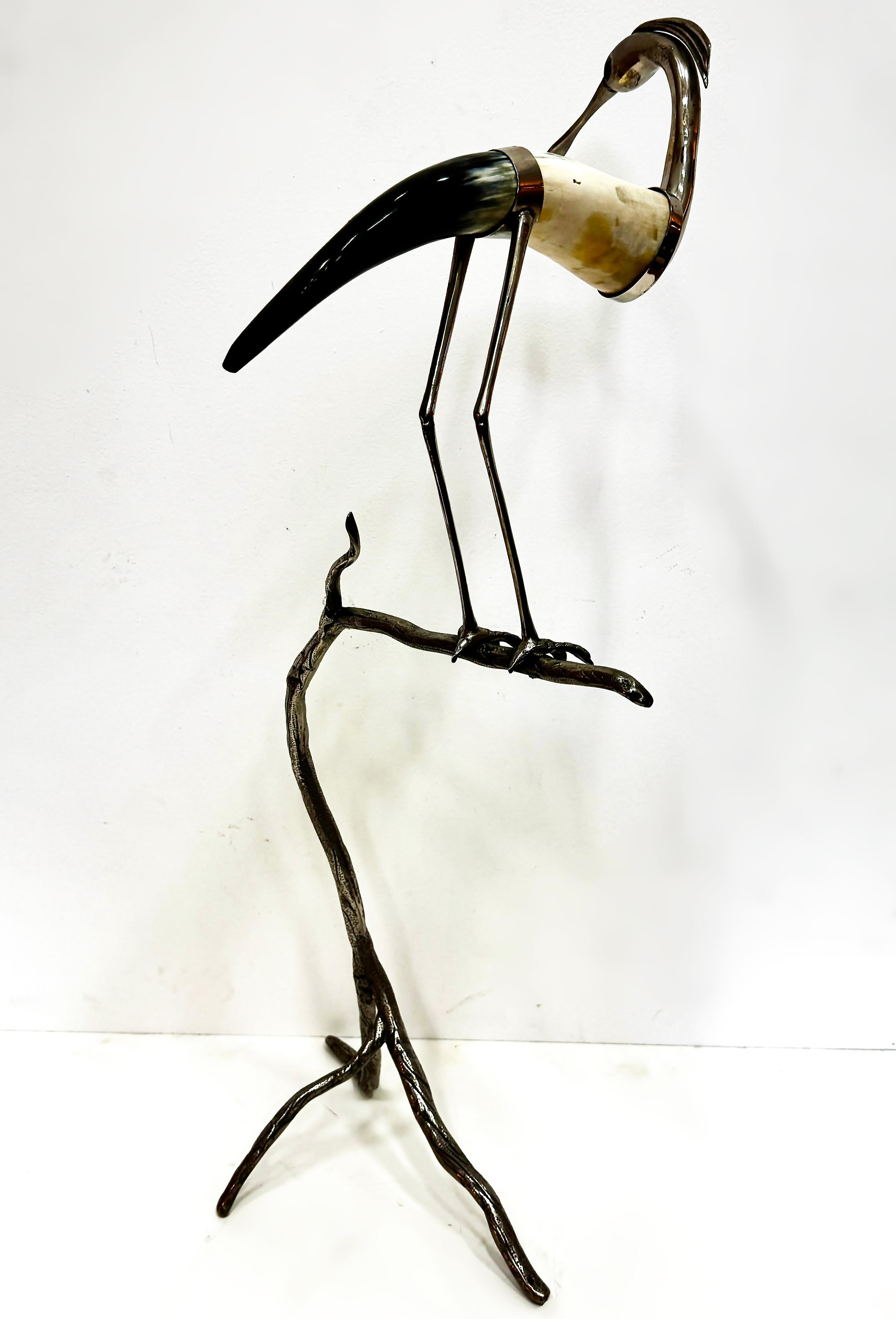Late 20th Century Vintage Italian Hauy Pouigo Crane or Heron Sculpture in Horn and Silver