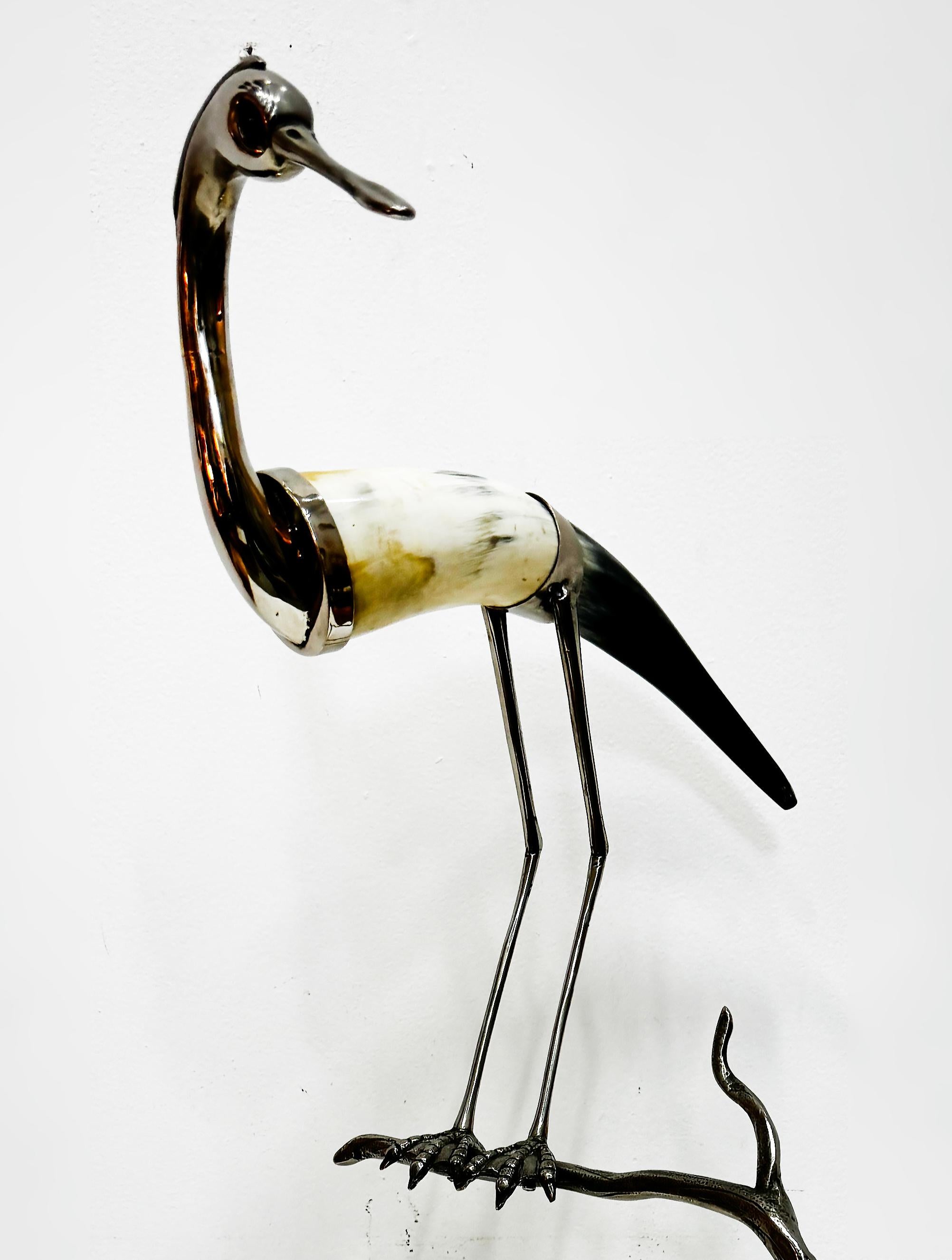 Vintage Italian Hauy Pouigo Crane or Heron Sculpture in Horn and Silver 1