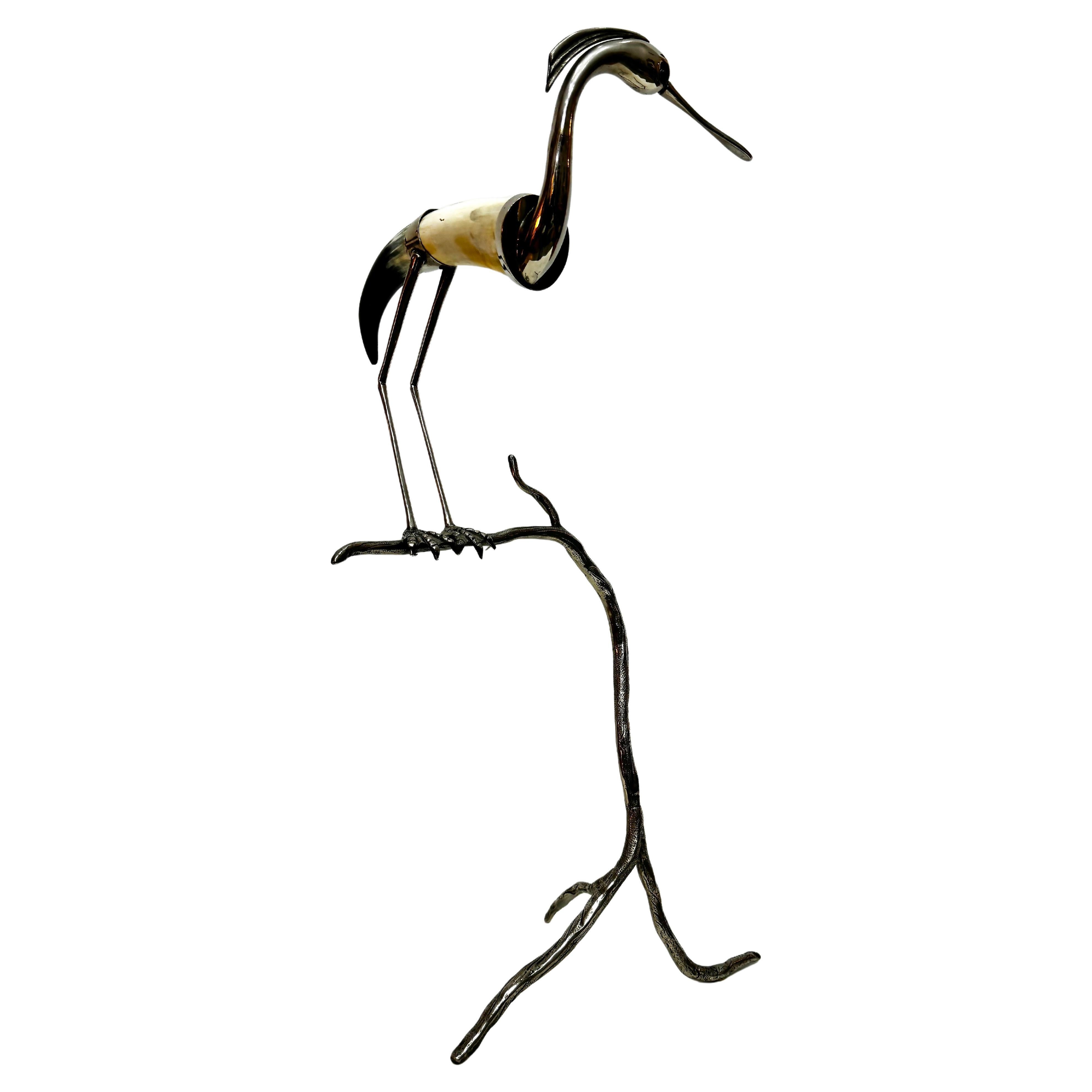 Vintage Italian Hauy Pouigo Crane or Heron Sculpture in Horn and Silver 