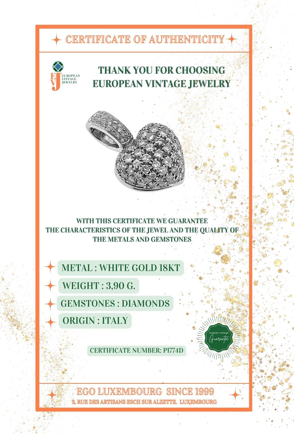 Italienischer Vintage-Herz-Anhänger aus Weißgold mit Diamanten 3